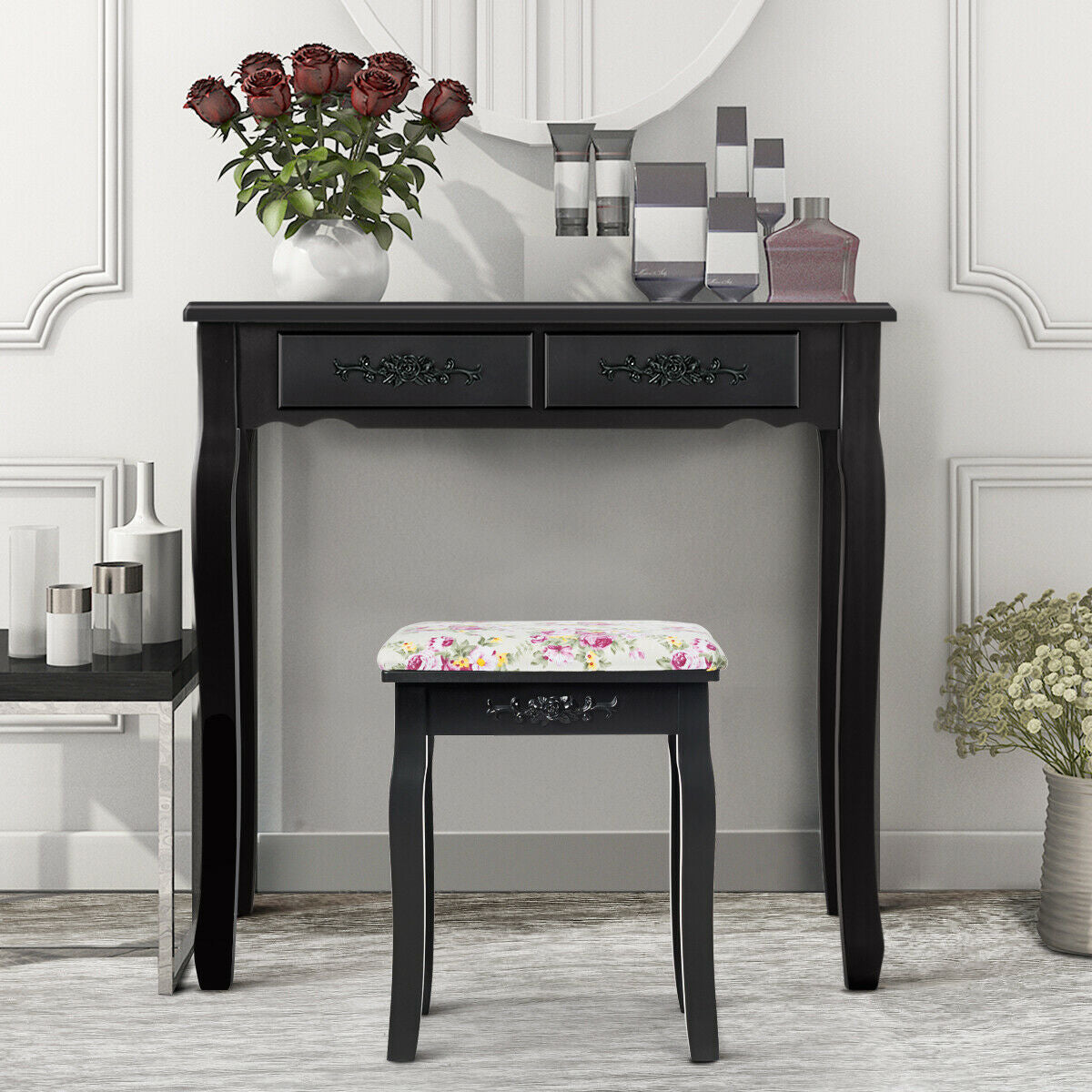 Vanity Wood Dressing Stool Padded Piano Seat with Rose Cushion-Black