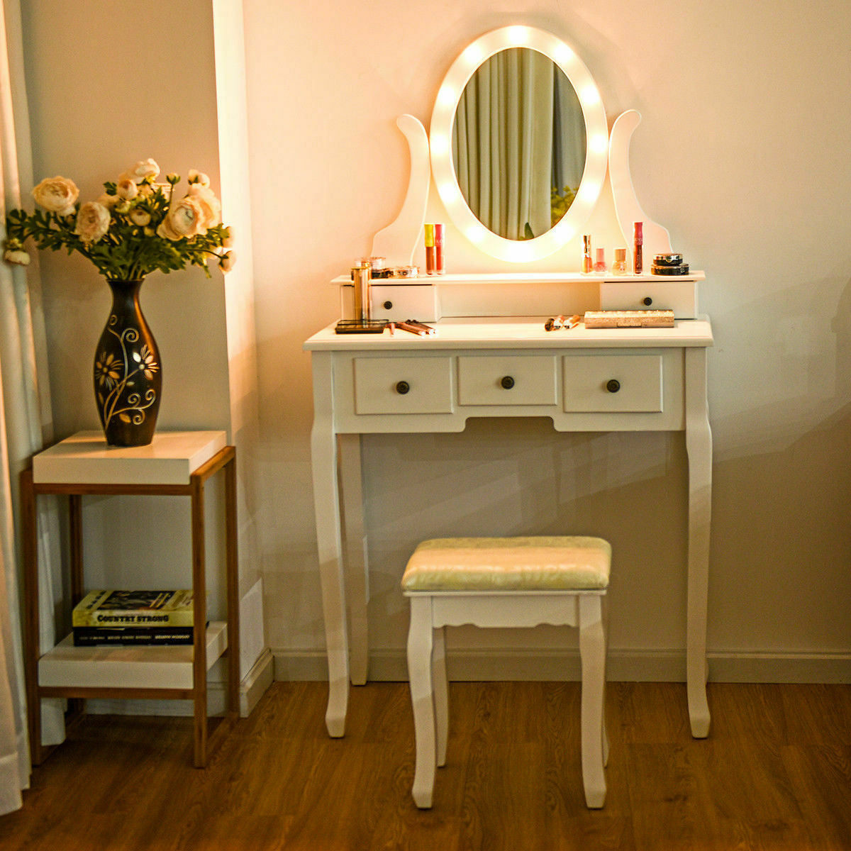 5 Drawers Vanity Dressing Table Stool Set with 12 LED Bulbs