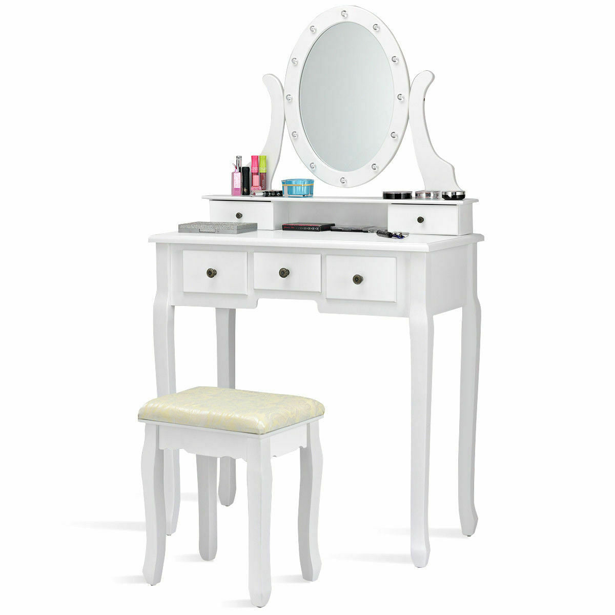 5 Drawers Vanity Dressing Table Stool Set with 12 LED Bulbs