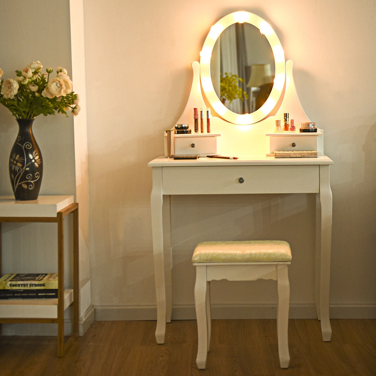 3 Drawers Lighted Mirror Vanity Makeup Dressing Table Stool Set