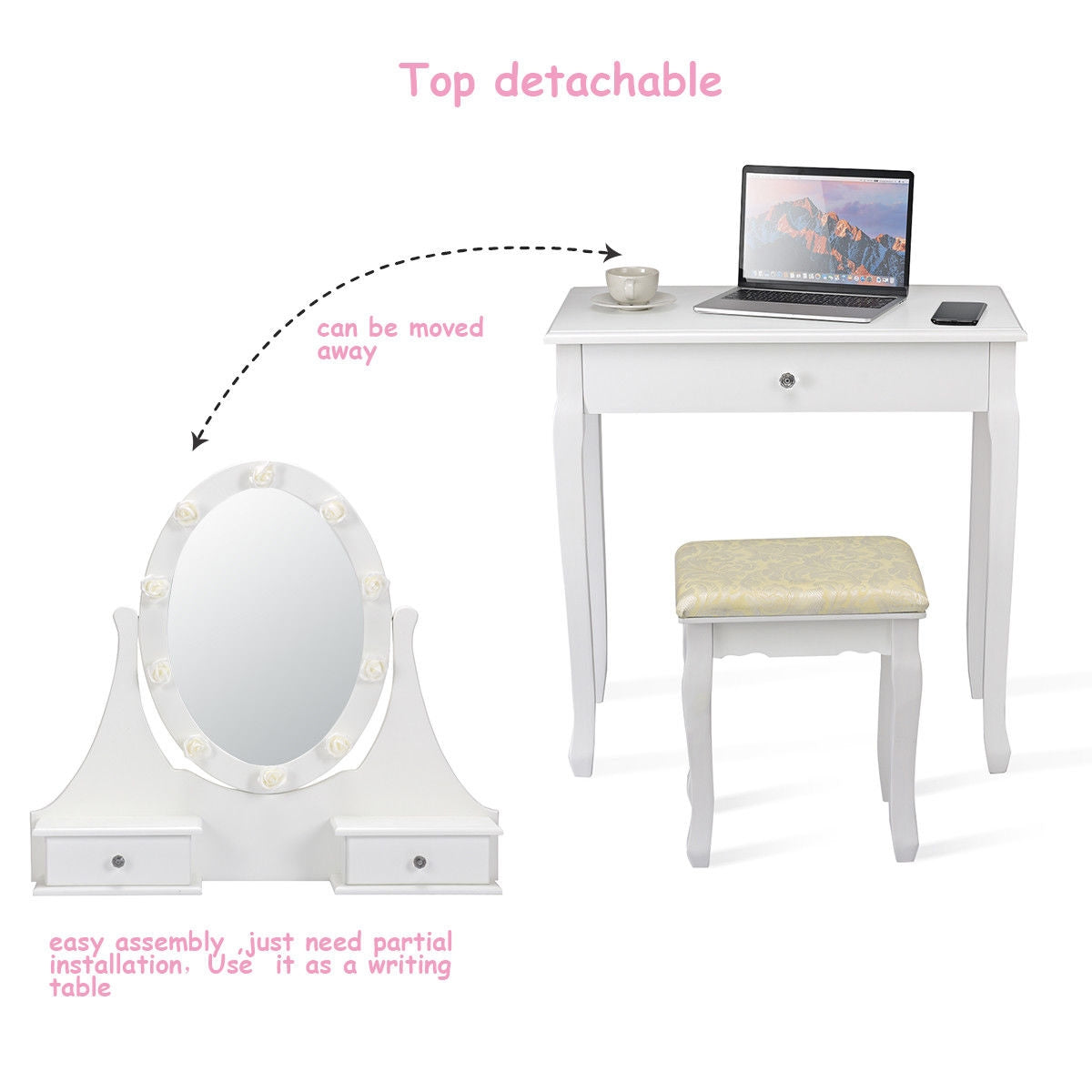 3 Drawers Lighted Mirror Vanity Makeup Dressing Table Stool Set