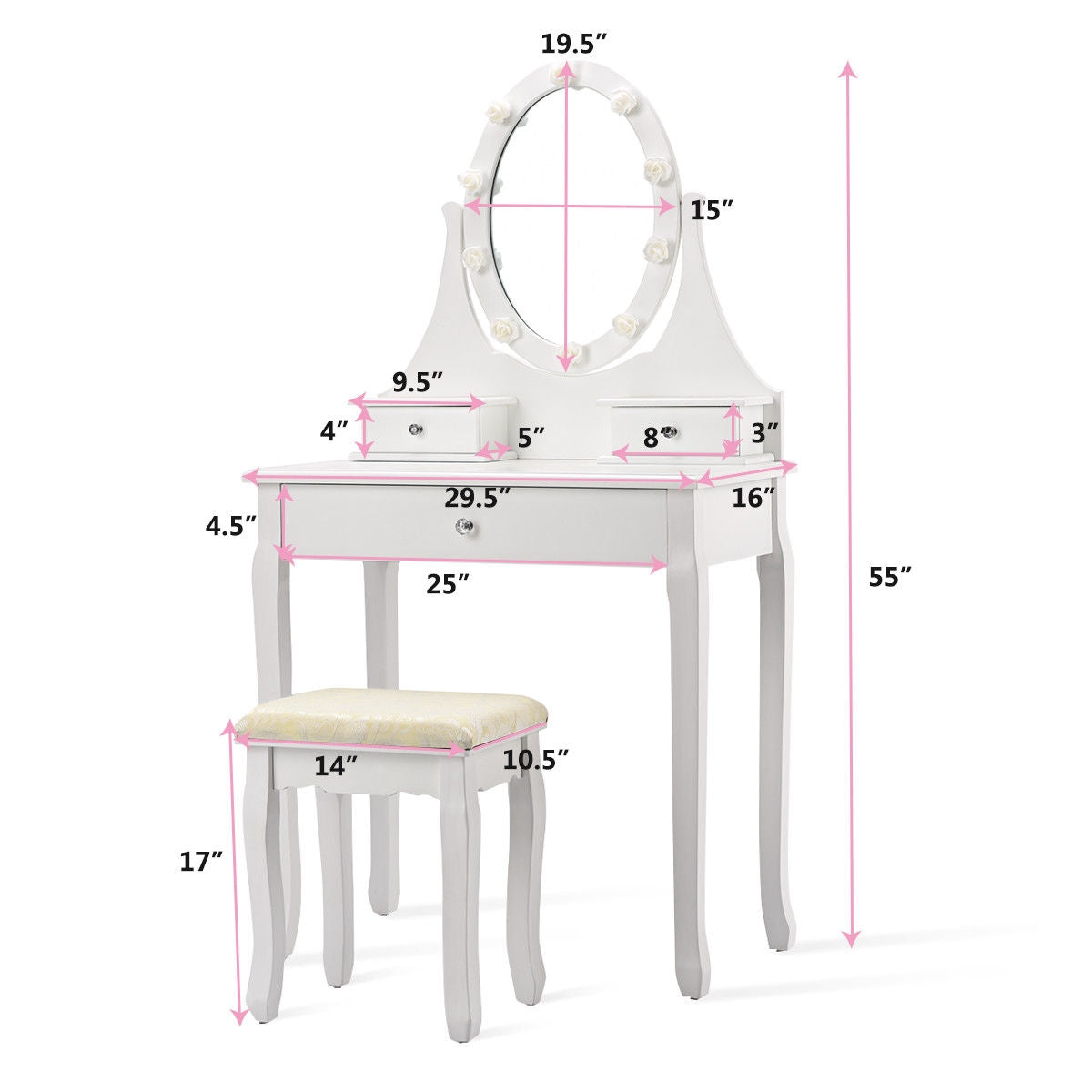 3 Drawers Lighted Mirror Vanity Makeup Dressing Table Stool Set