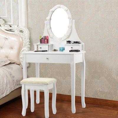 3 Drawers Lighted Mirror Vanity Makeup Dressing Table Stool SetÂ 