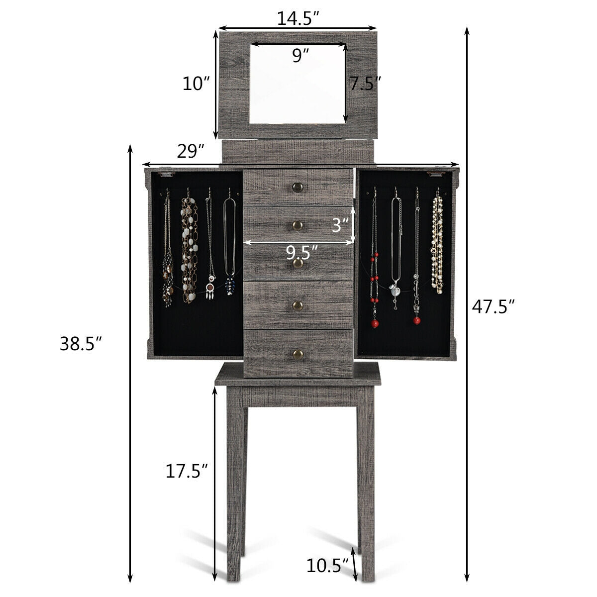 Standing Jewelry Cabinet Storage Organizer with Wooden Legs