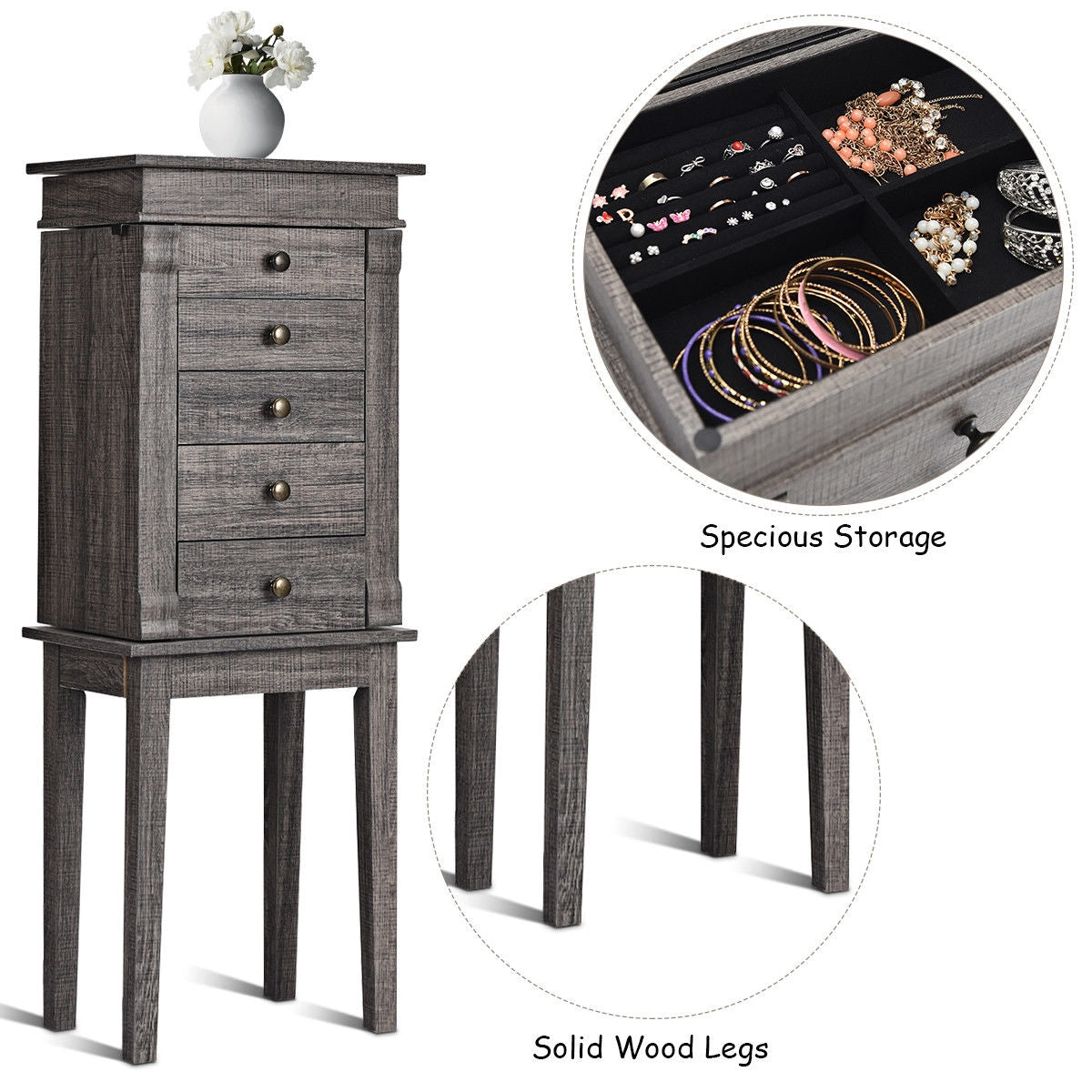 Standing Jewelry Cabinet Storage Organizer with Wooden Legs