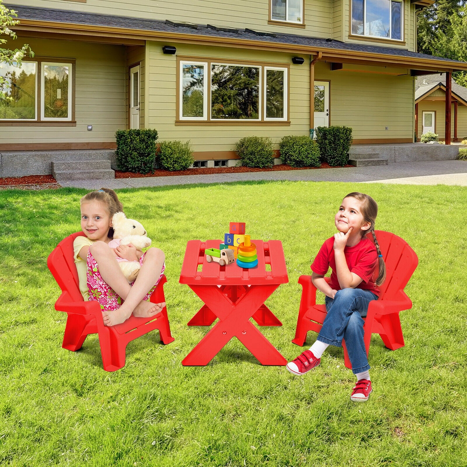 3-Piece Plastic Children Play Table Chair Set-Red