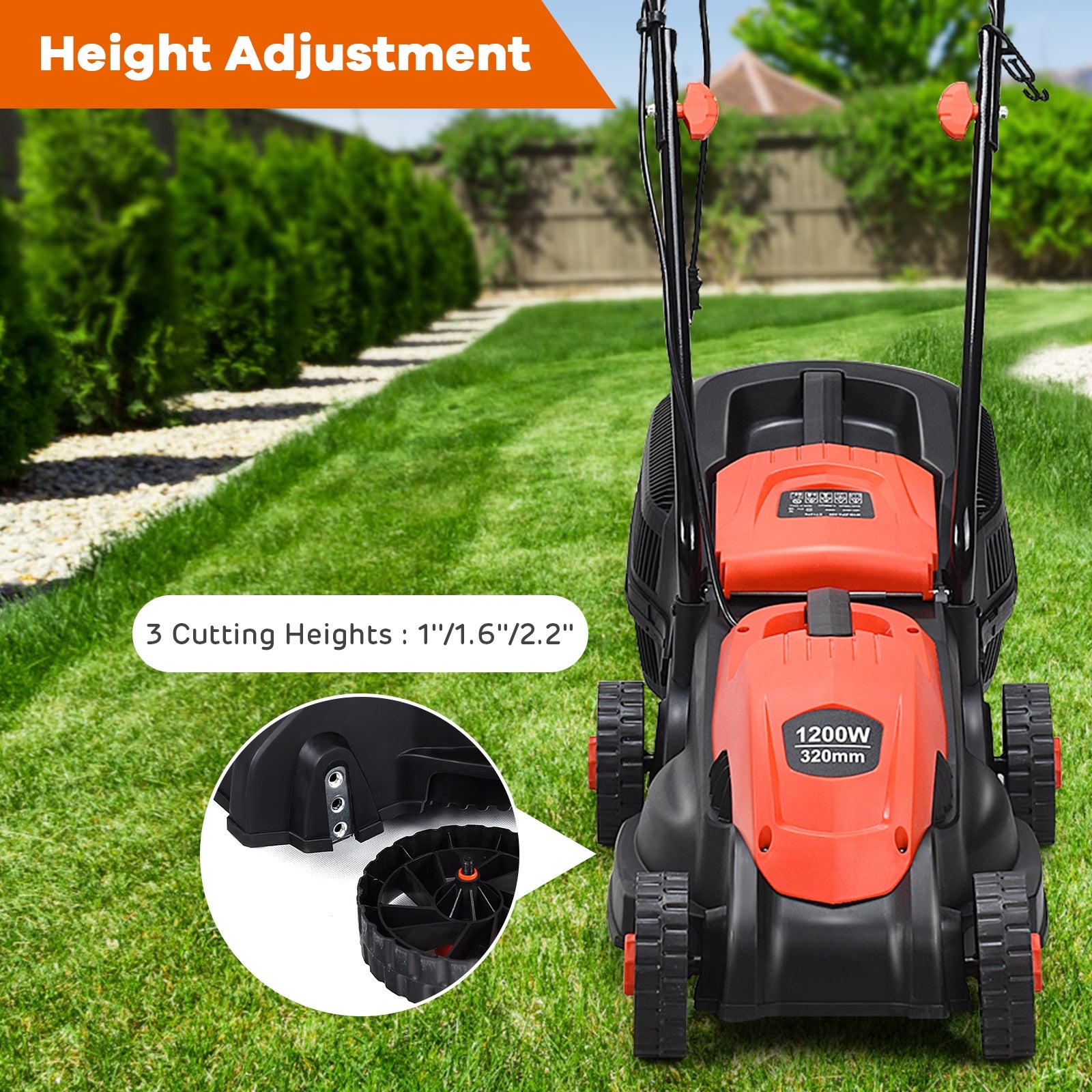 14 Inch Electric Push Lawn Corded Mower with Grass Bag-Red