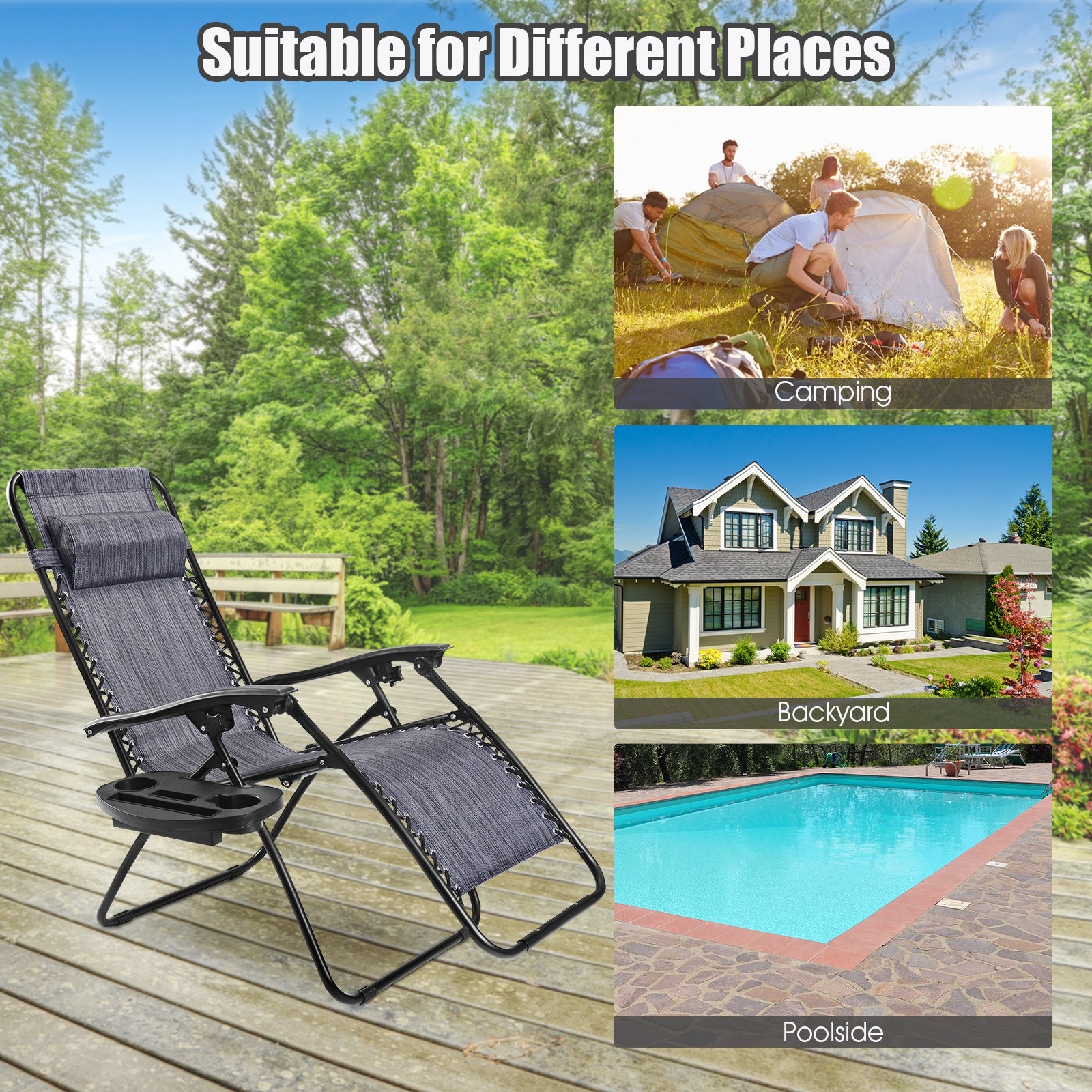 2 Pieces Folding Lounge Chair with Zero Gravity-Gray