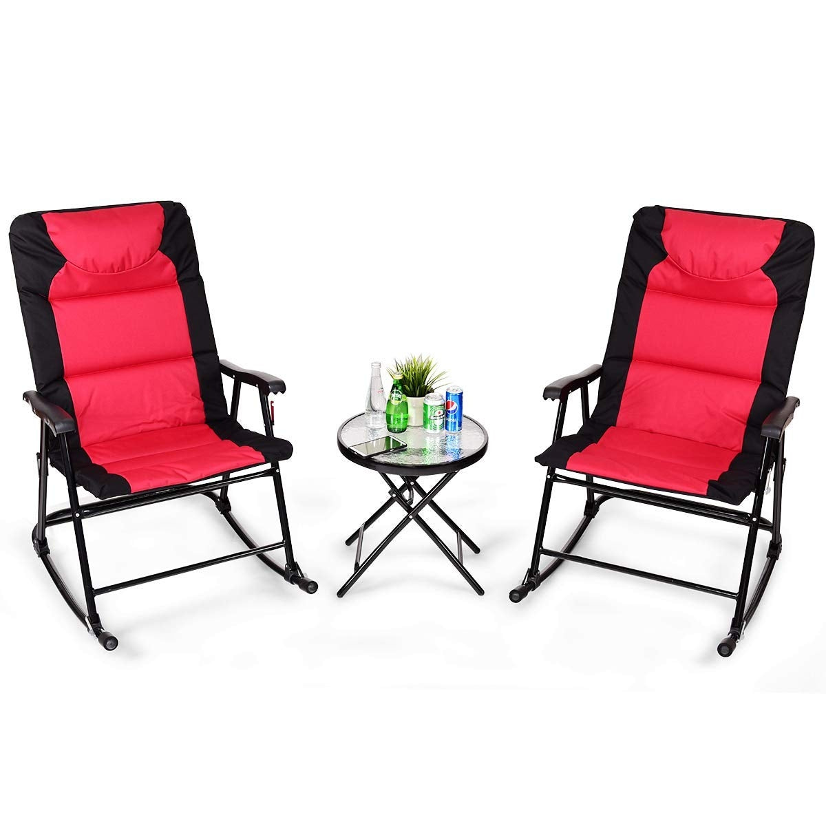 3 Pieces Outdoor Folding Rocking Chair Table Set with Cushion-Red