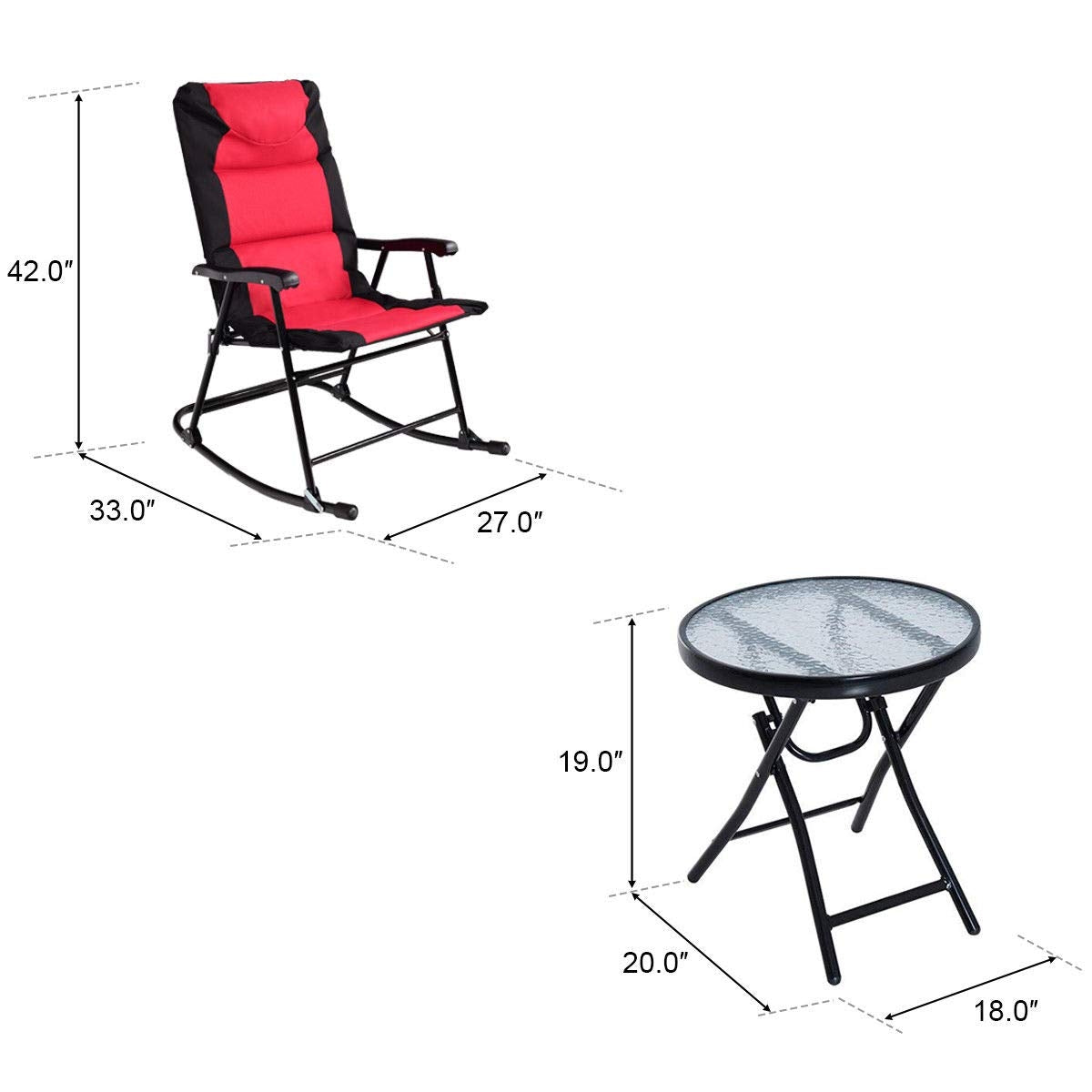 3 Pieces Outdoor Folding Rocking Chair Table Set with Cushion-Red