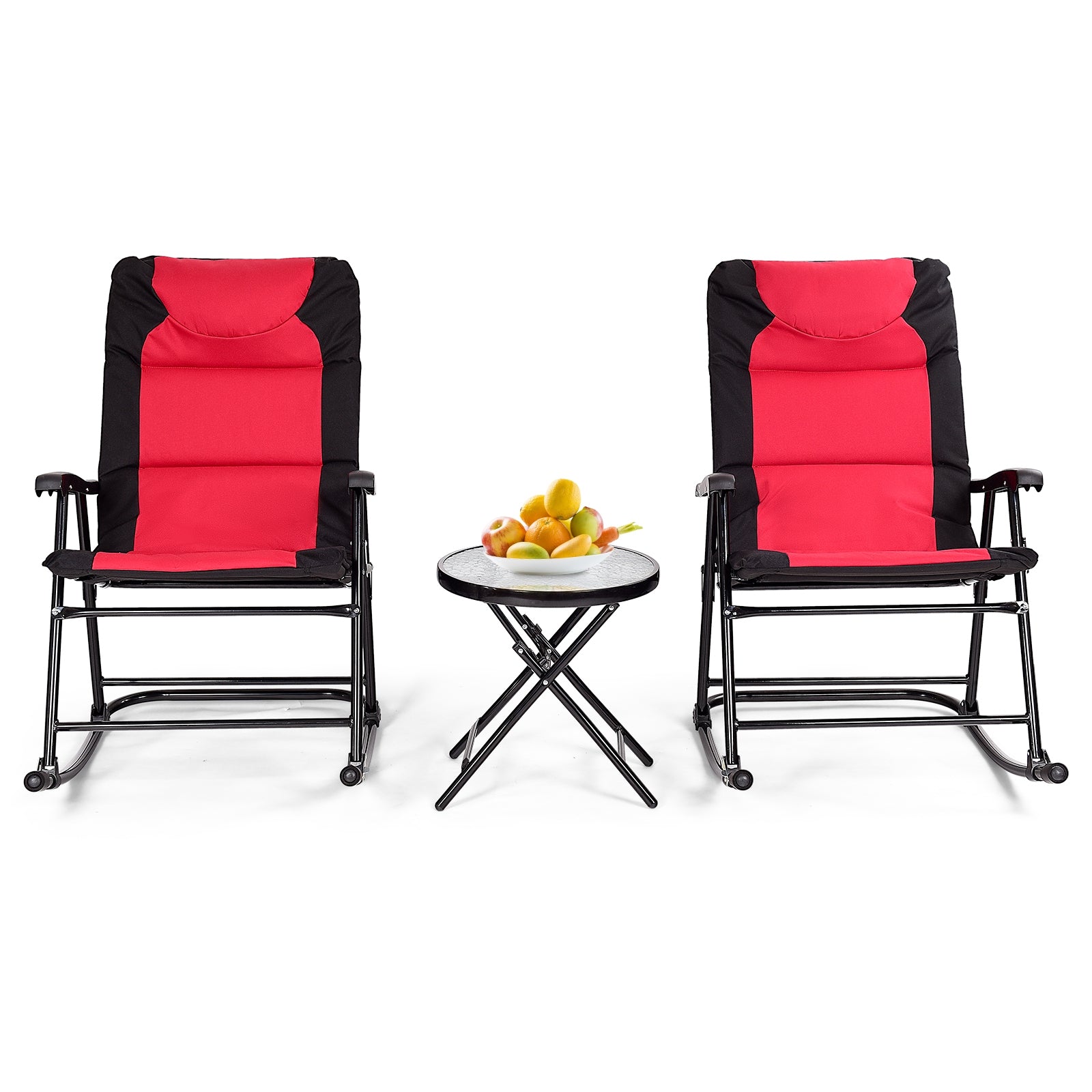 3 Pieces Outdoor Folding Rocking Chair Table Set with Cushion-Red