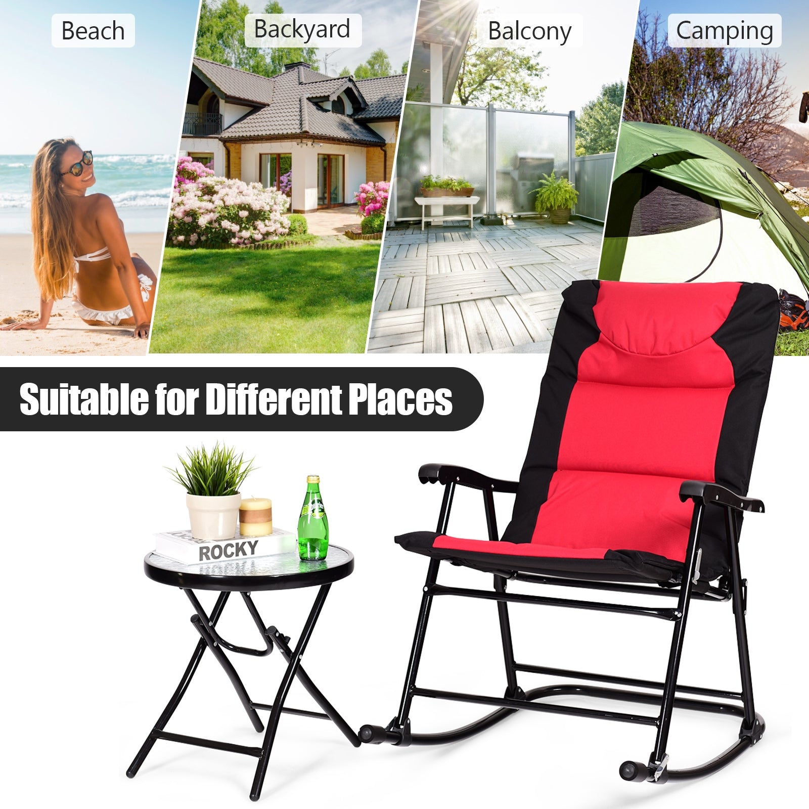 3 Pieces Outdoor Folding Rocking Chair Table Set with Cushion-Red