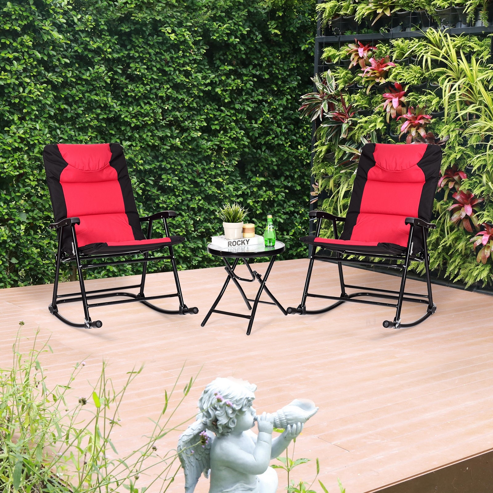 3 Pieces Outdoor Folding Rocking Chair Table Set with Cushion-Red