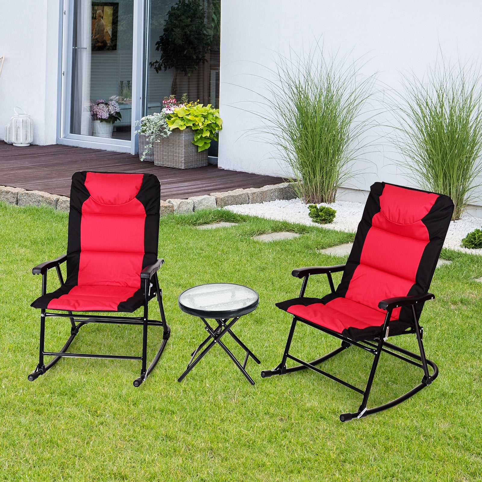 3 Pieces Outdoor Folding Rocking Chair Table Set with Cushion-Red