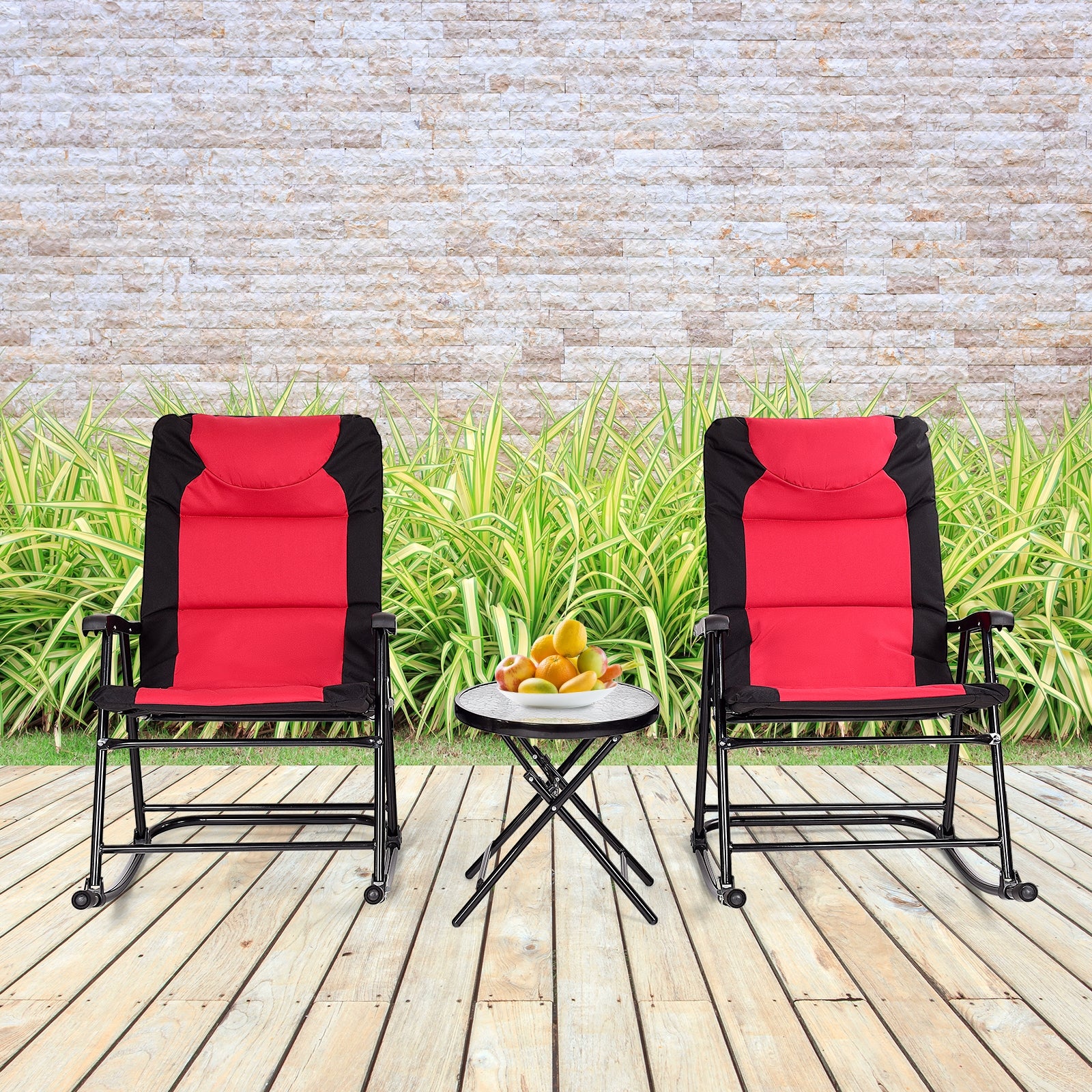 3 Pieces Outdoor Folding Rocking Chair Table Set with Cushion-Red