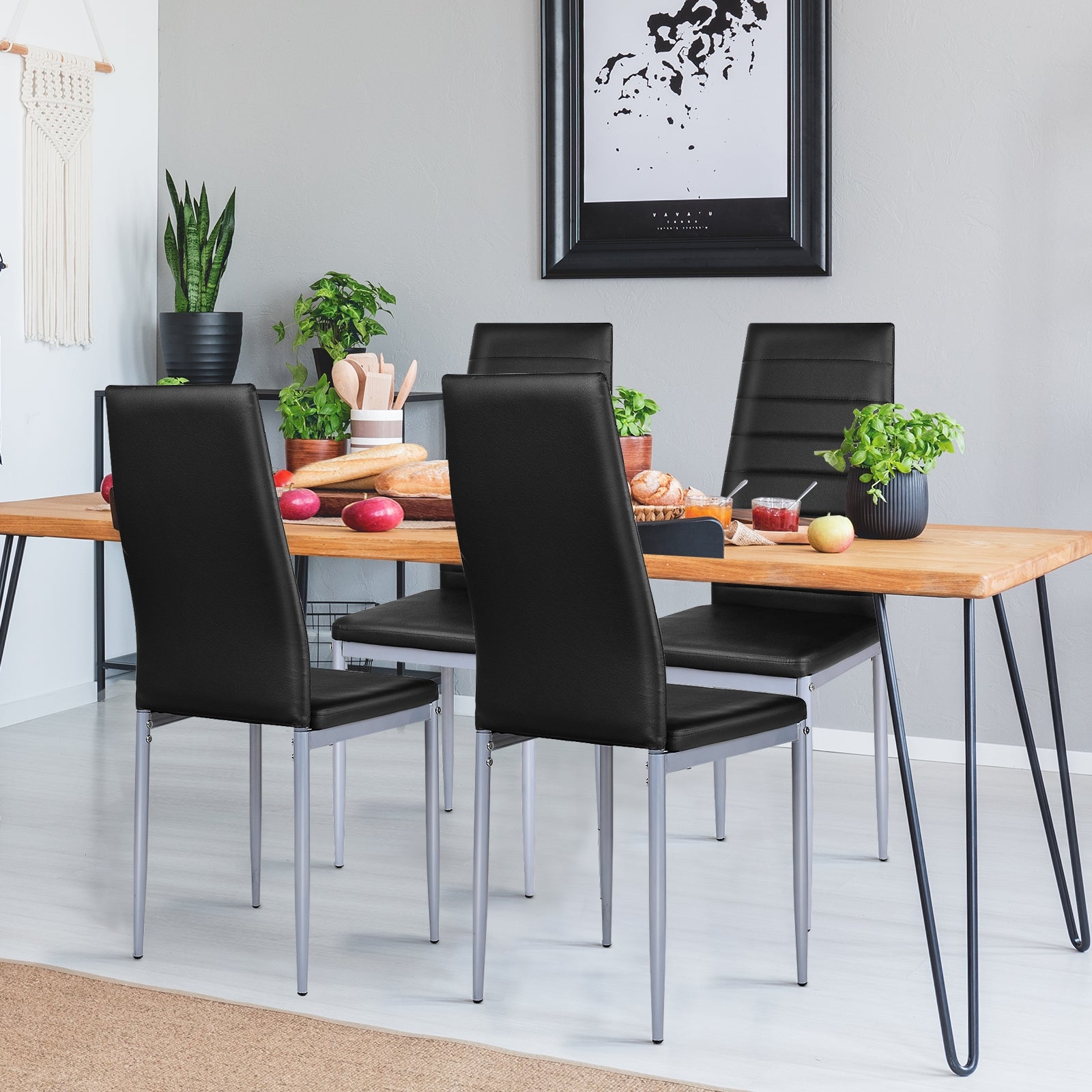 4 pcs PVC Leather Dining Side Chairs Elegant Design -BlackÂ 