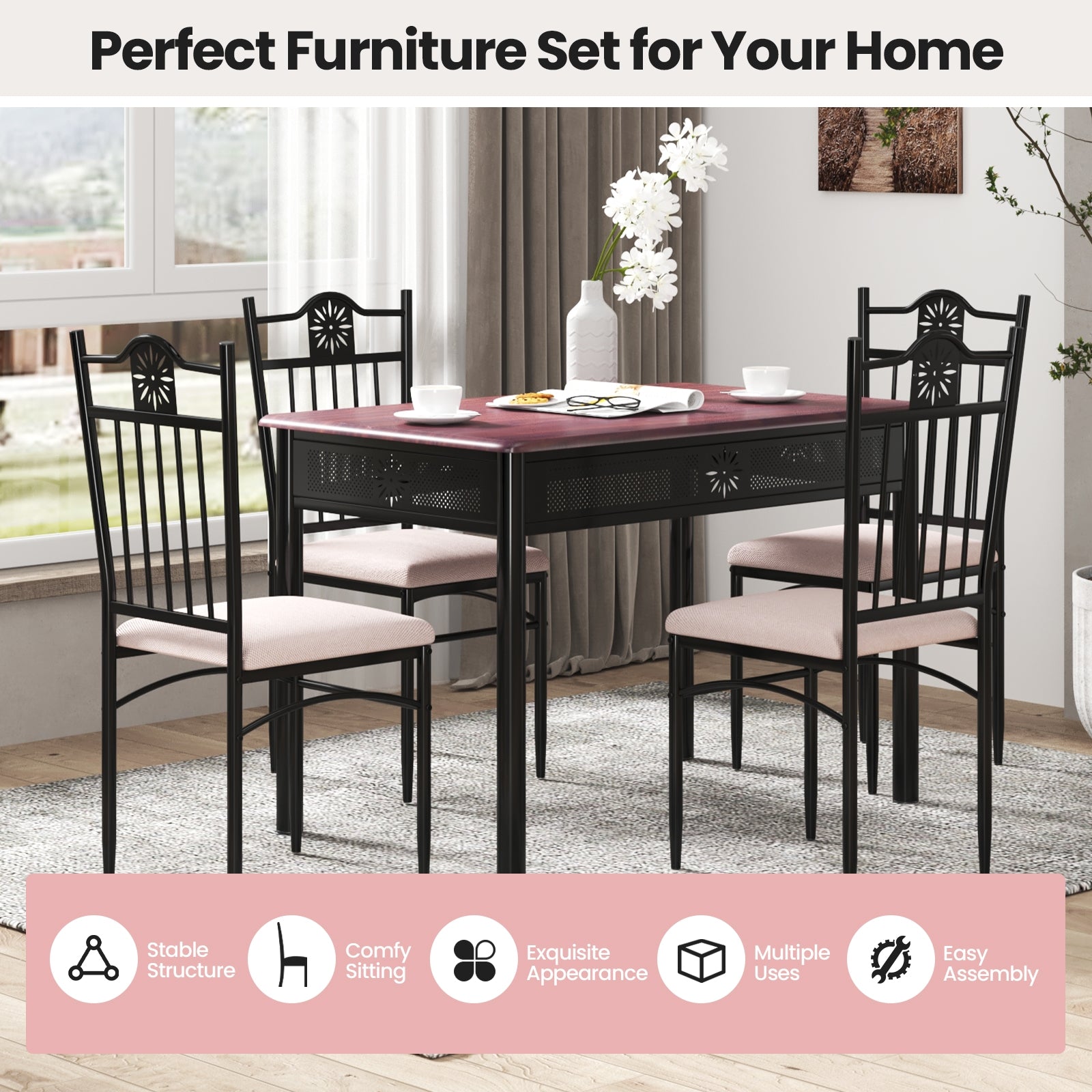 5 Pieces Dining Set Wood Metal Table and 4 Chairs with Cushions