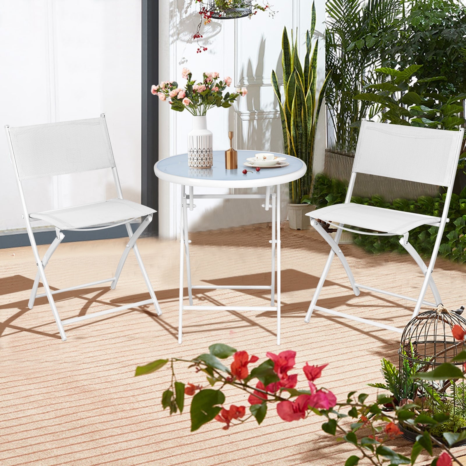 3 Pieces Patio Folding Bistro Set for Balcony or Outdoor Space-WhiteÂ 