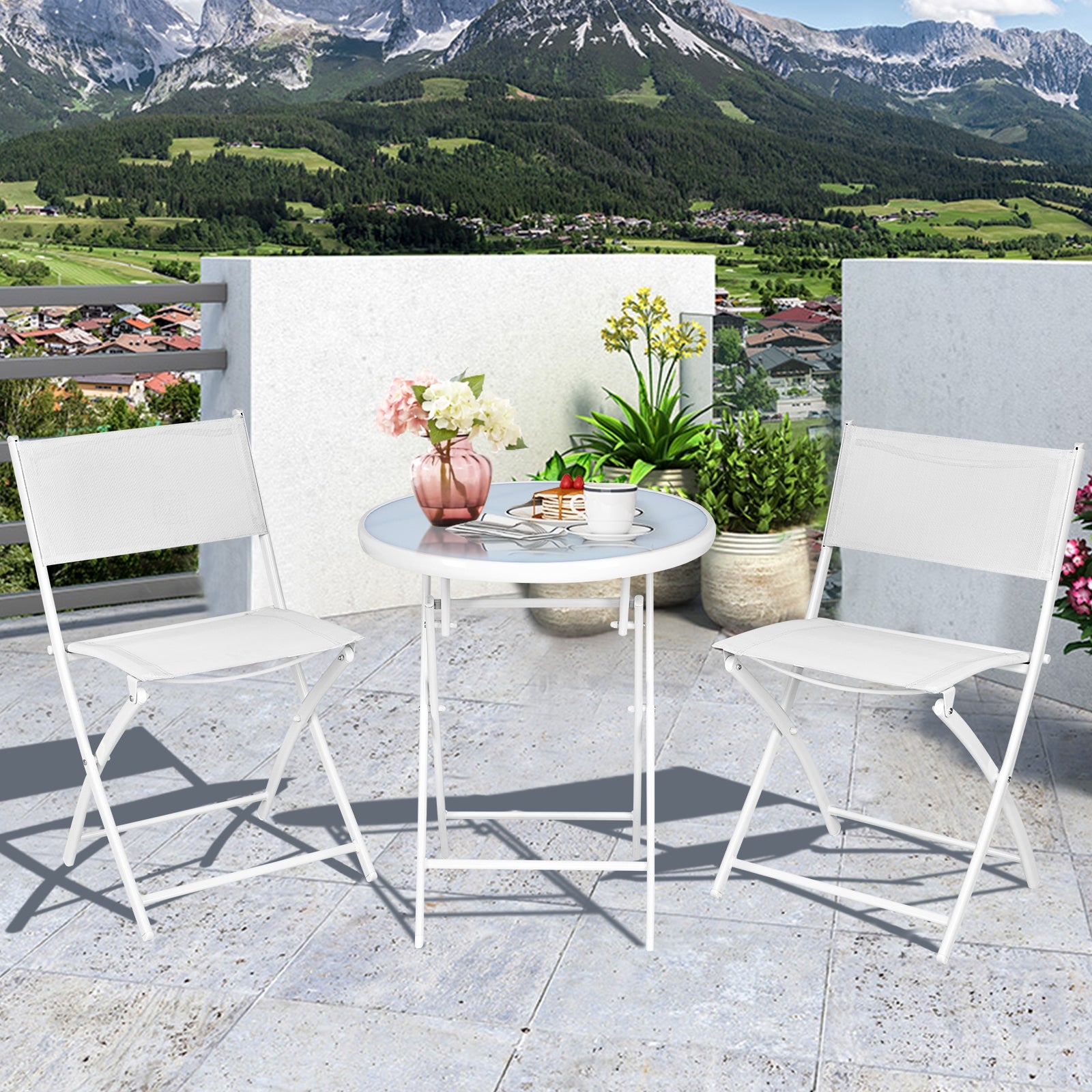 3 Pieces Patio Folding Bistro Set for Balcony or Outdoor Space-WhiteÂ 