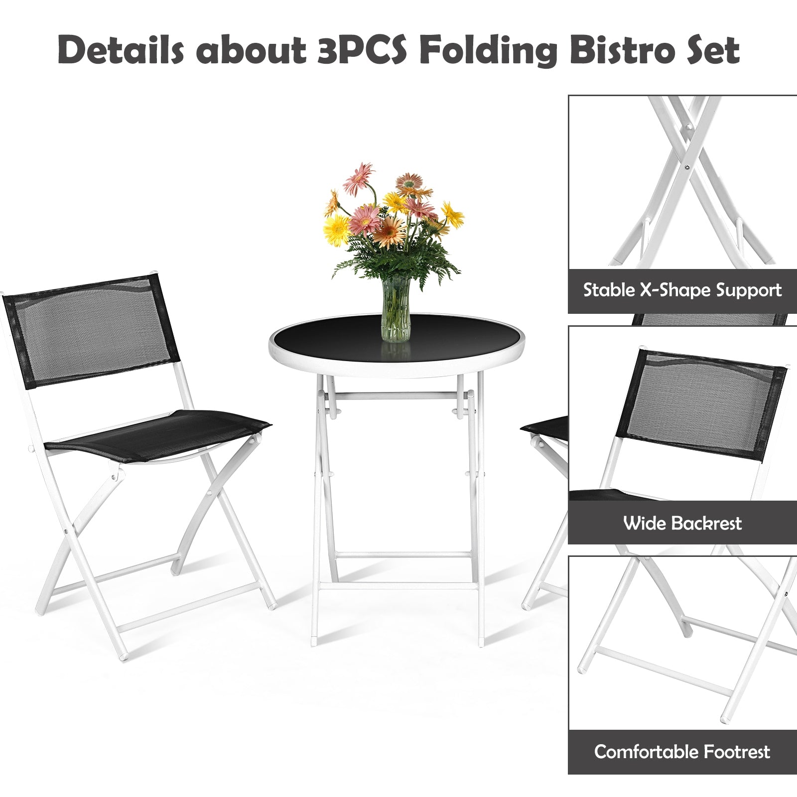 3 PCS Folding Bistro Table Chairs Set Garden Backyard Patio Furniture Black New-Black