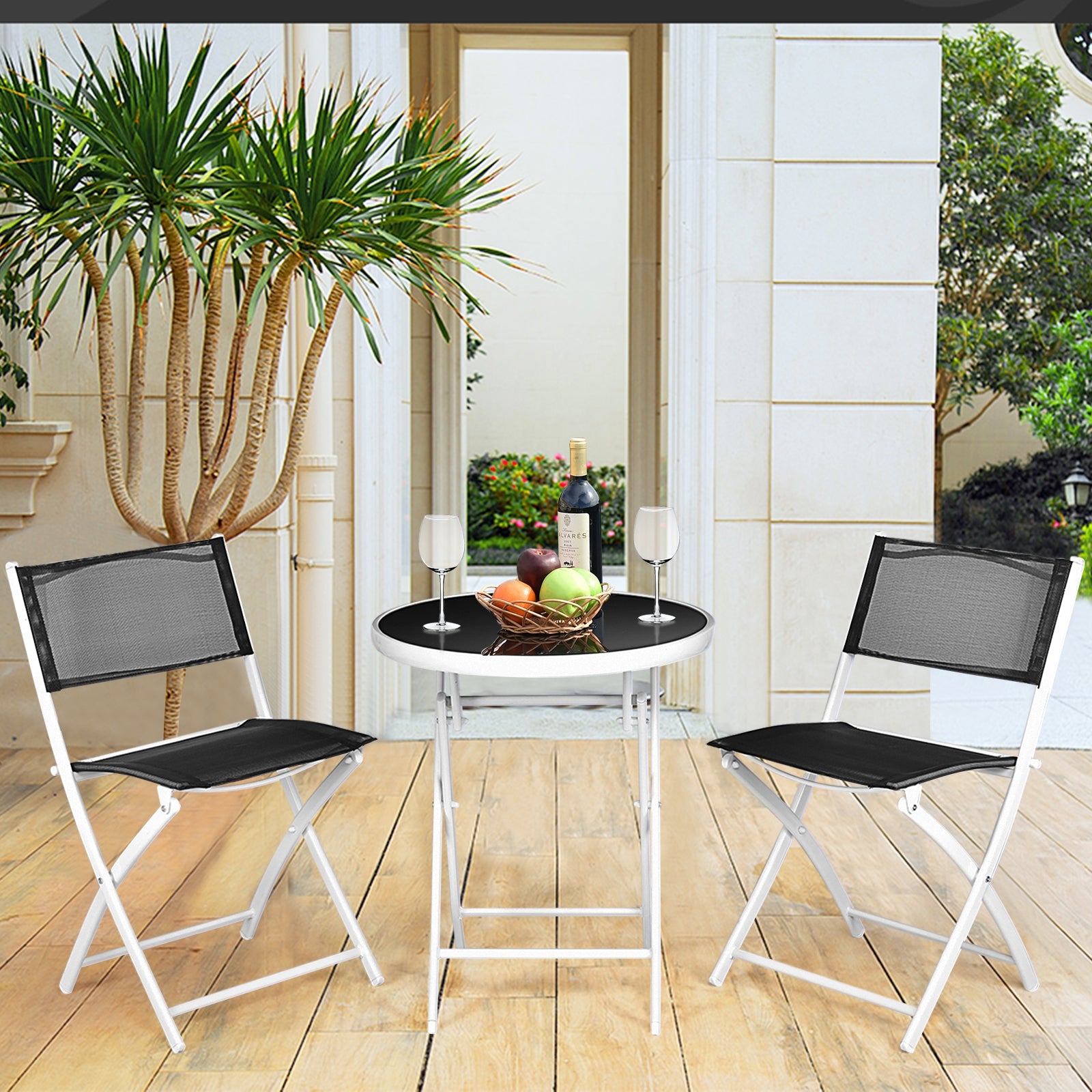 3 PCS Folding Bistro Table Chairs Set Garden Backyard Patio Furniture Black New-Black