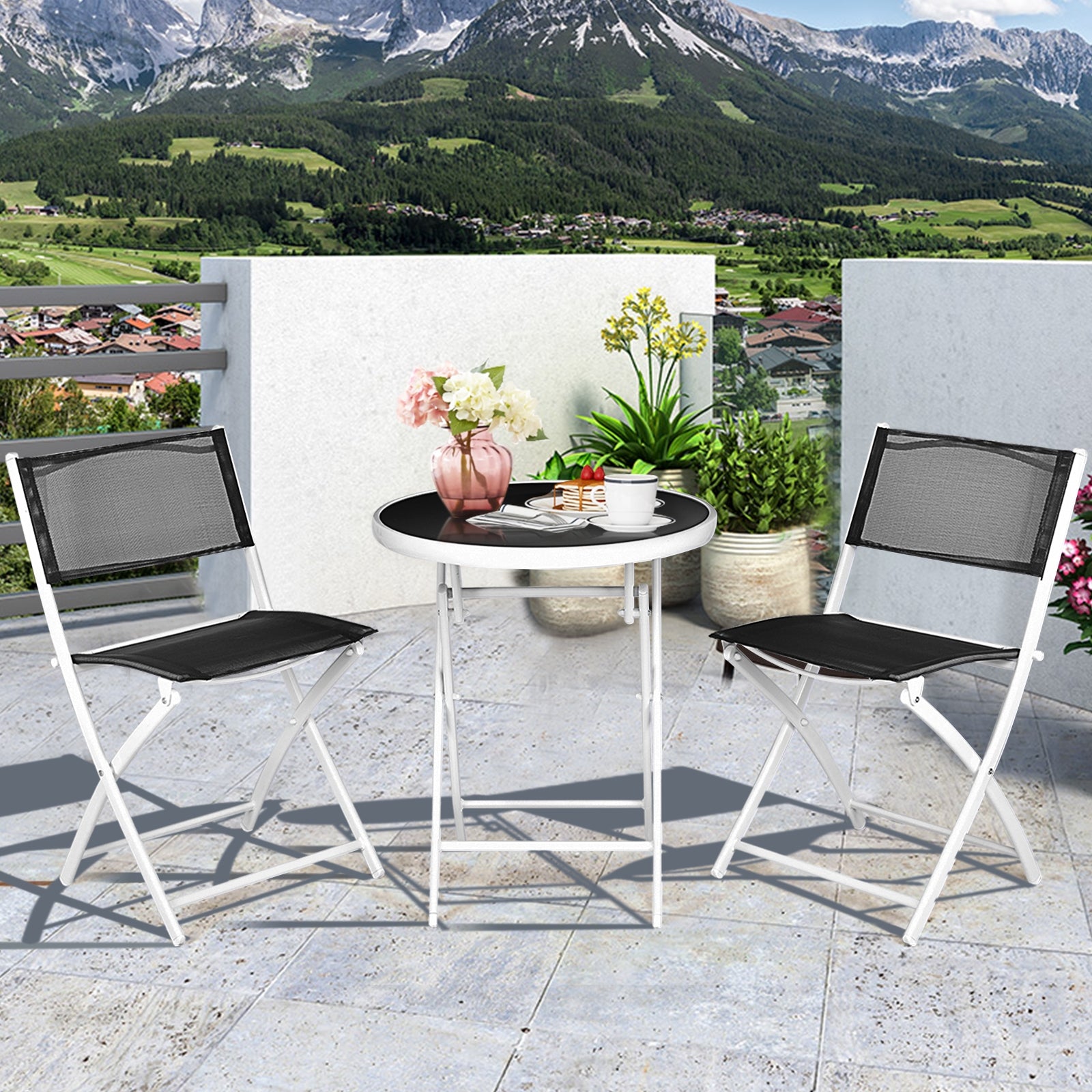 3 PCS Folding Bistro Table Chairs Set Garden Backyard Patio Furniture Black New-Black