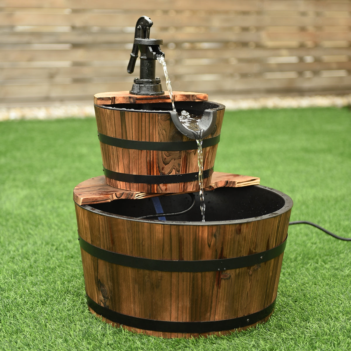 2-Tiers Outdoor Wooden Barrel Waterfall Fountain with PumpÂ 