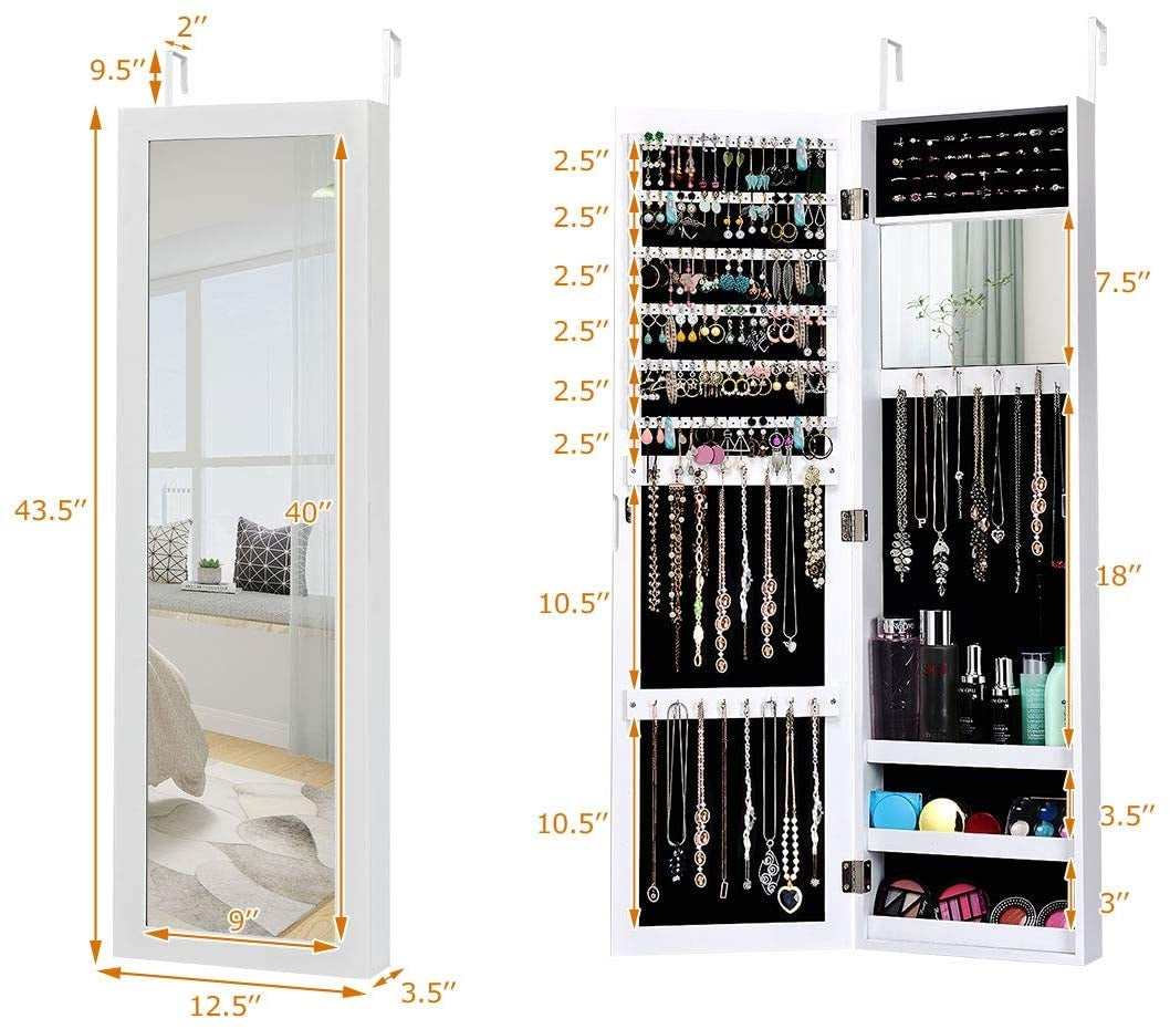 Wall Door Mounted Mirrored Jewelry Cabinet Storage Organizer-White