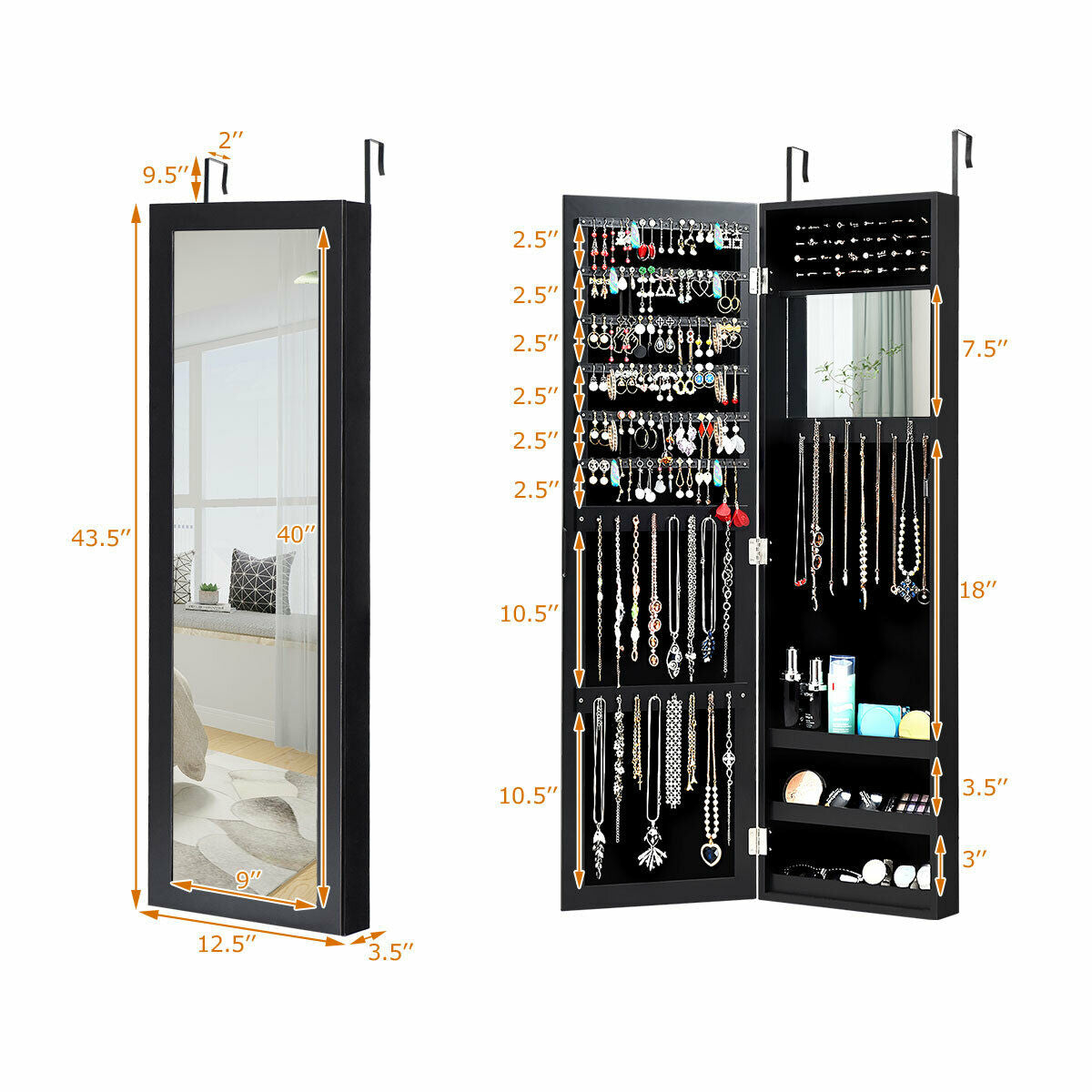 Wall Door Mounted Mirrored Jewelry Cabinet Storage Organizer-Black