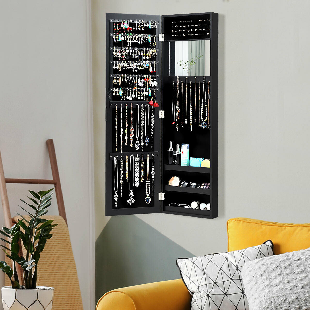 Wall Door Mounted Mirrored Jewelry Cabinet Storage Organizer-Black