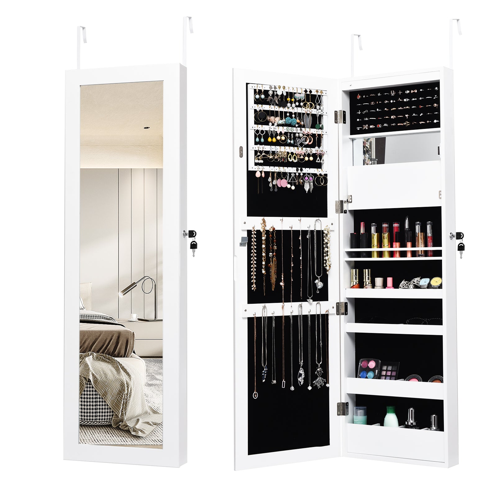 Lockable Wall Door Mounted Mirror Jewelry Cabinet with LED Lights-WhiteÂ 