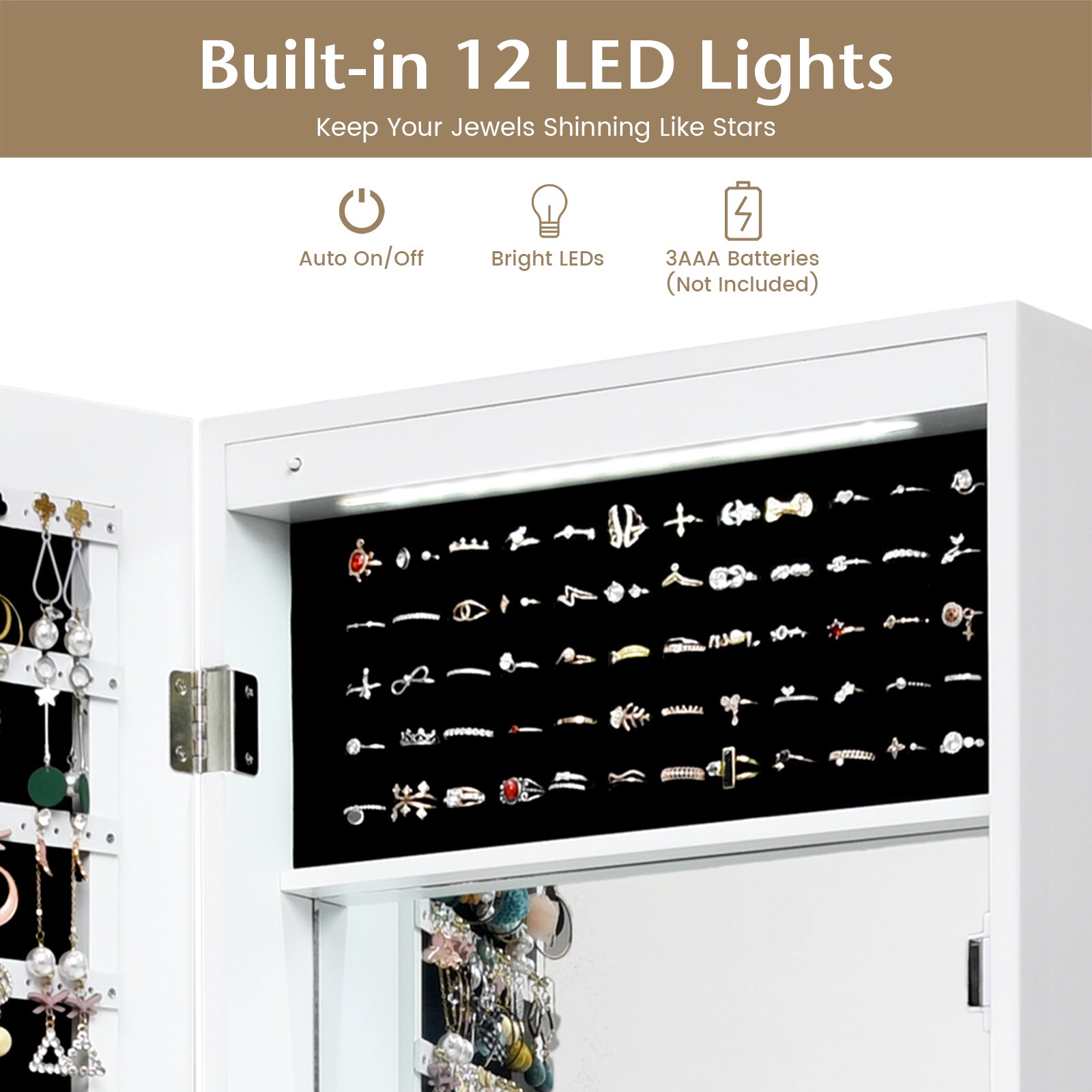 Lockable Wall Door Mounted Mirror Jewelry Cabinet with LED Lights-WhiteÂ 