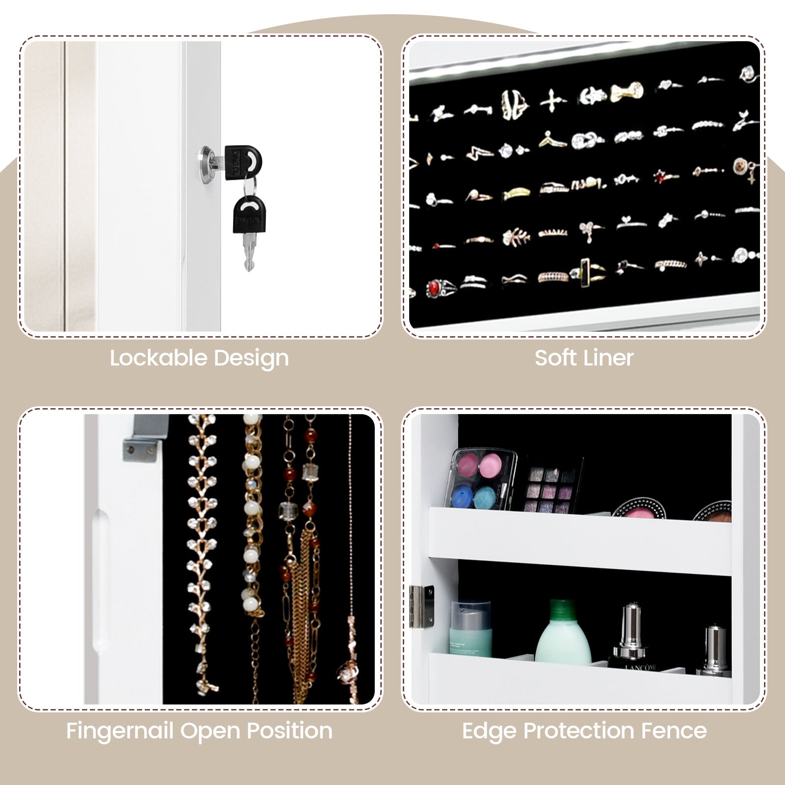 Lockable Wall Door Mounted Mirror Jewelry Cabinet with LED Lights-WhiteÂ 