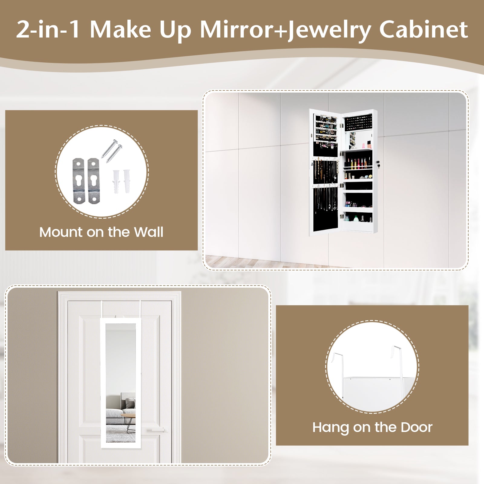 Lockable Wall Door Mounted Mirror Jewelry Cabinet with LED Lights-WhiteÂ 