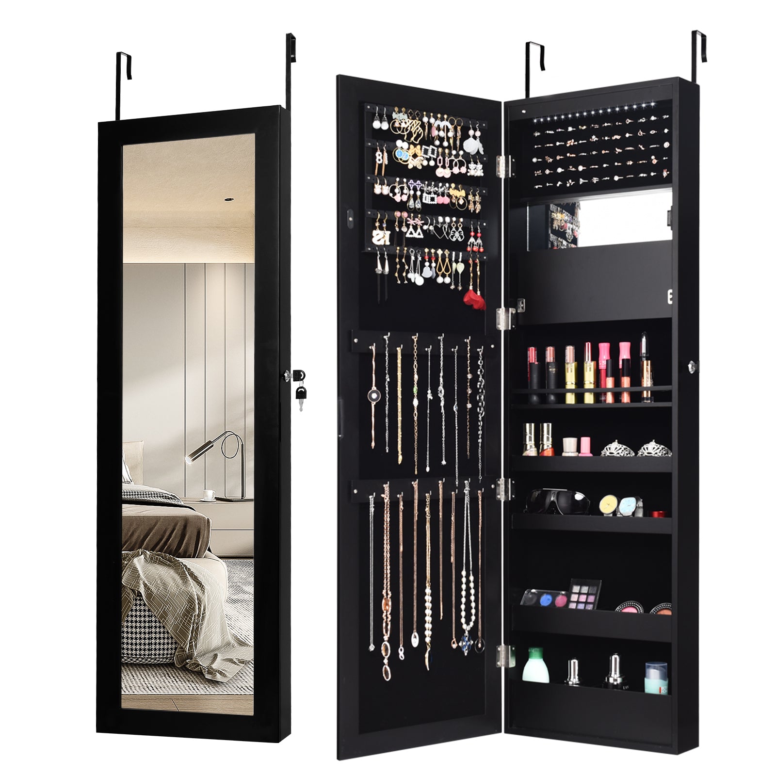 Lockable Wall Door Mounted Mirror Jewelry Cabinet with LED Lights-BlackÂ 