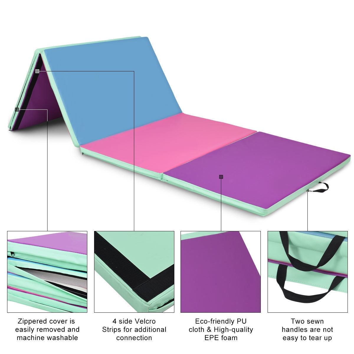 4 Feet x 10 Feet Thick Folding Panel Gymnastics Mat-Multiolor