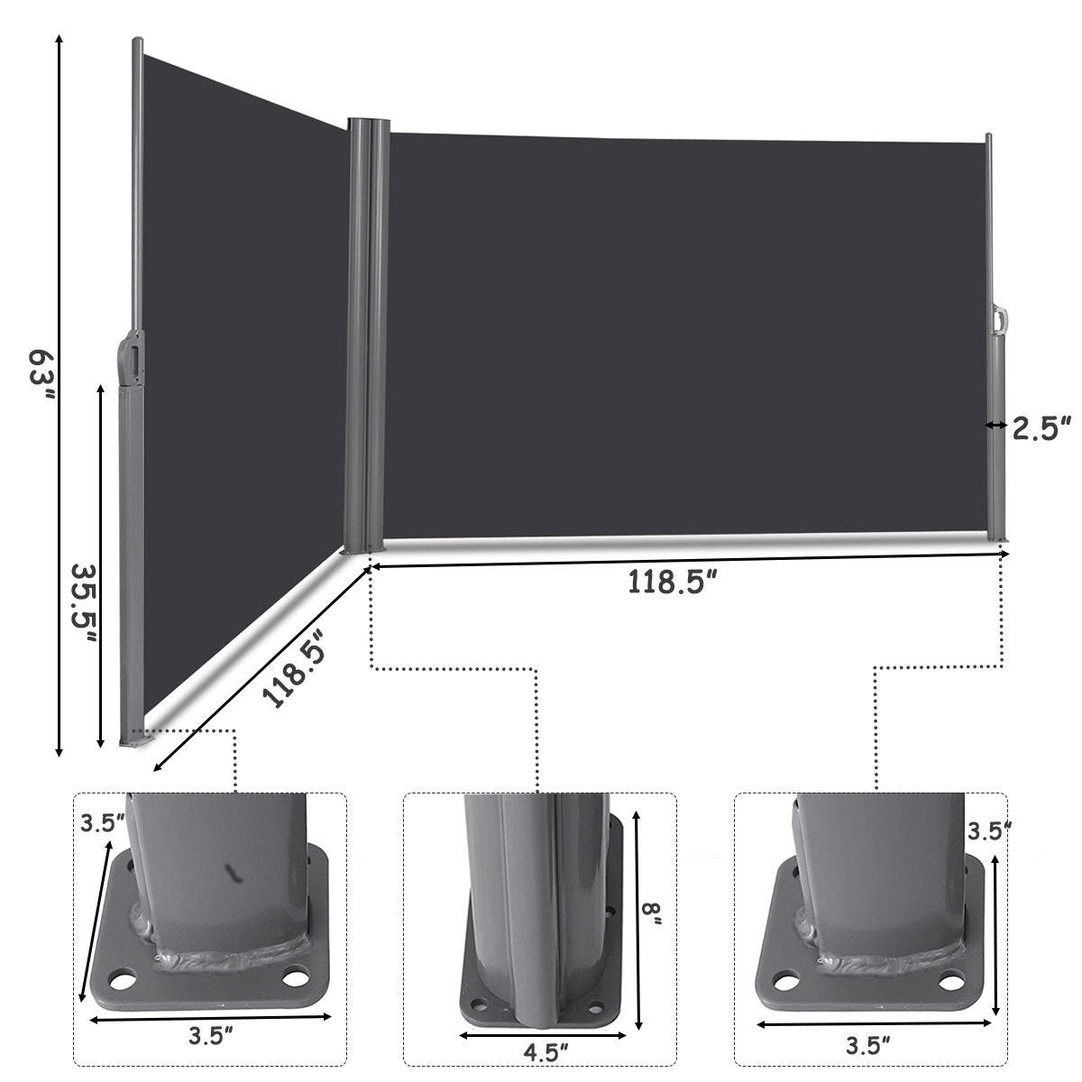 237 x 63 Inch Patio Retractable Double Folding Side Awning Screen Divider