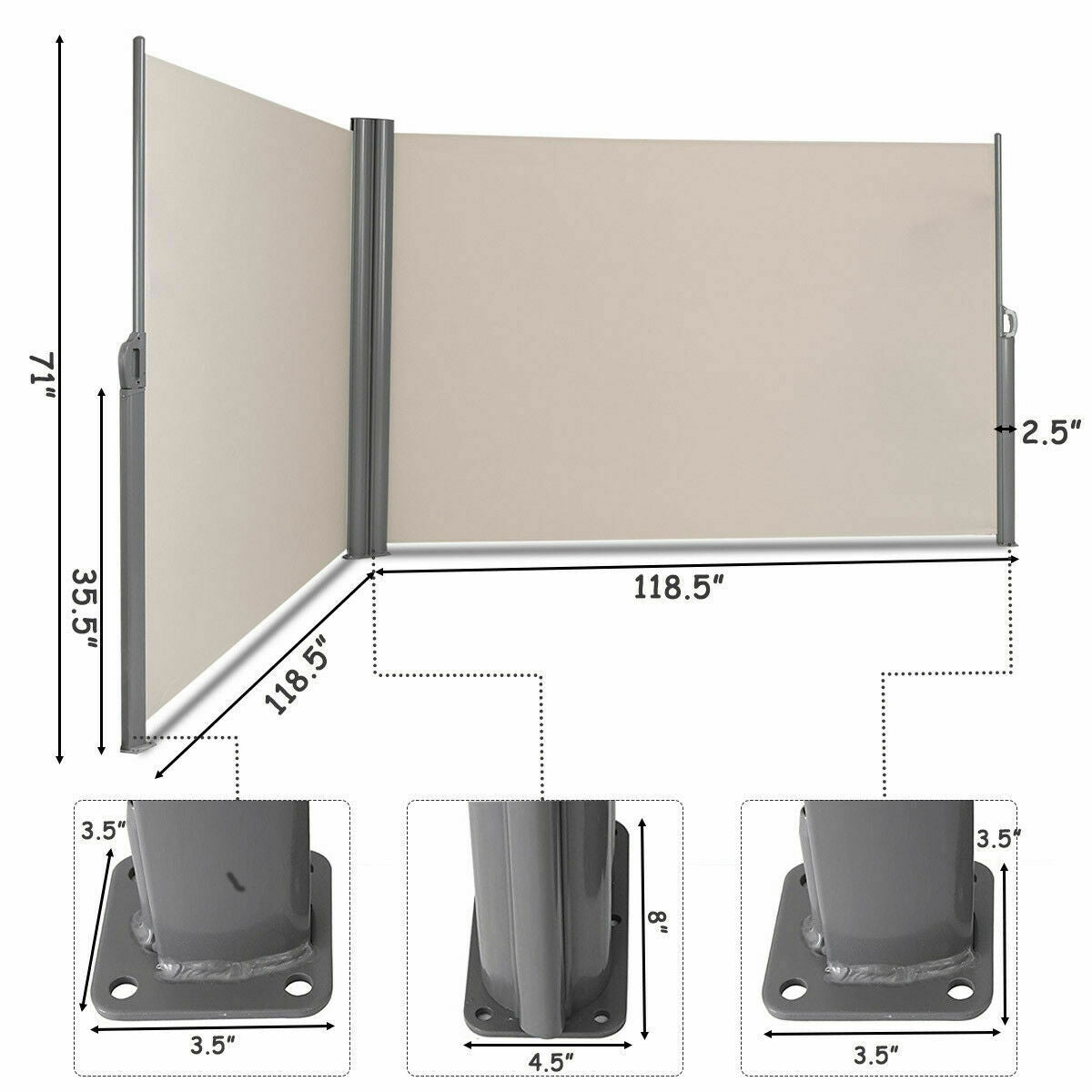 237 x 71 Inch Patio Retractable Double Folding Side Awning Screen Divider