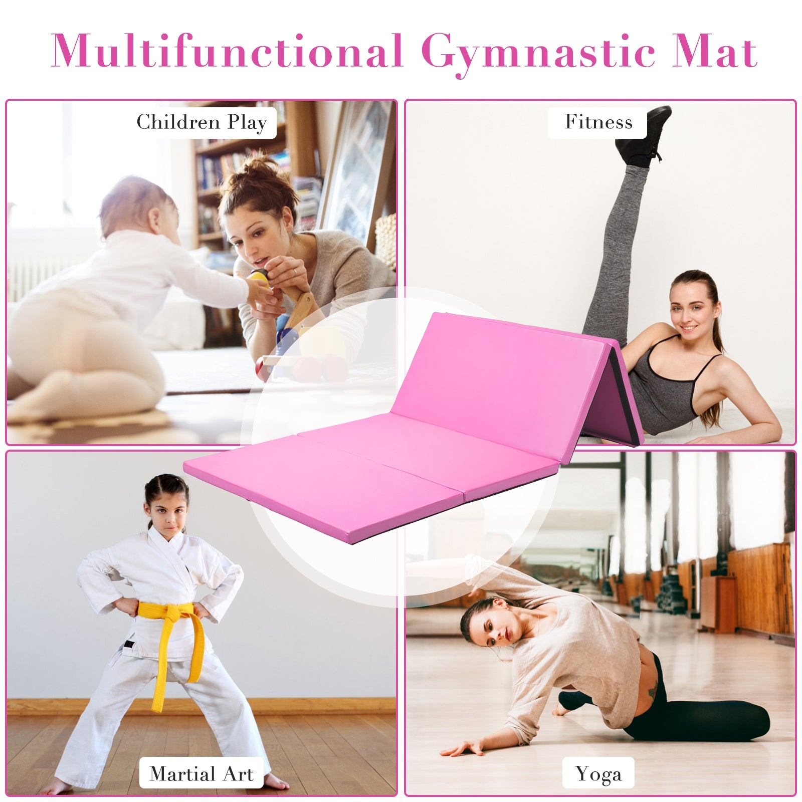 4-Panel Folding Gymnastics Mat with Carrying Handles-Pink