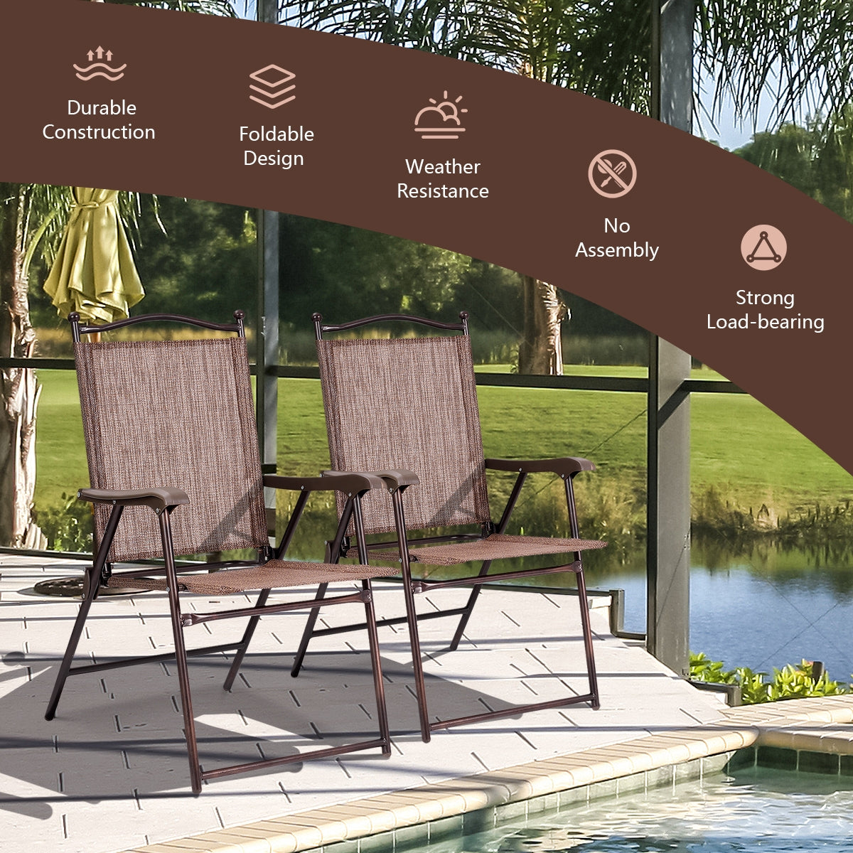 Set of 2 Patio Folding Sling Back Camping Deck Chairs-Coffee