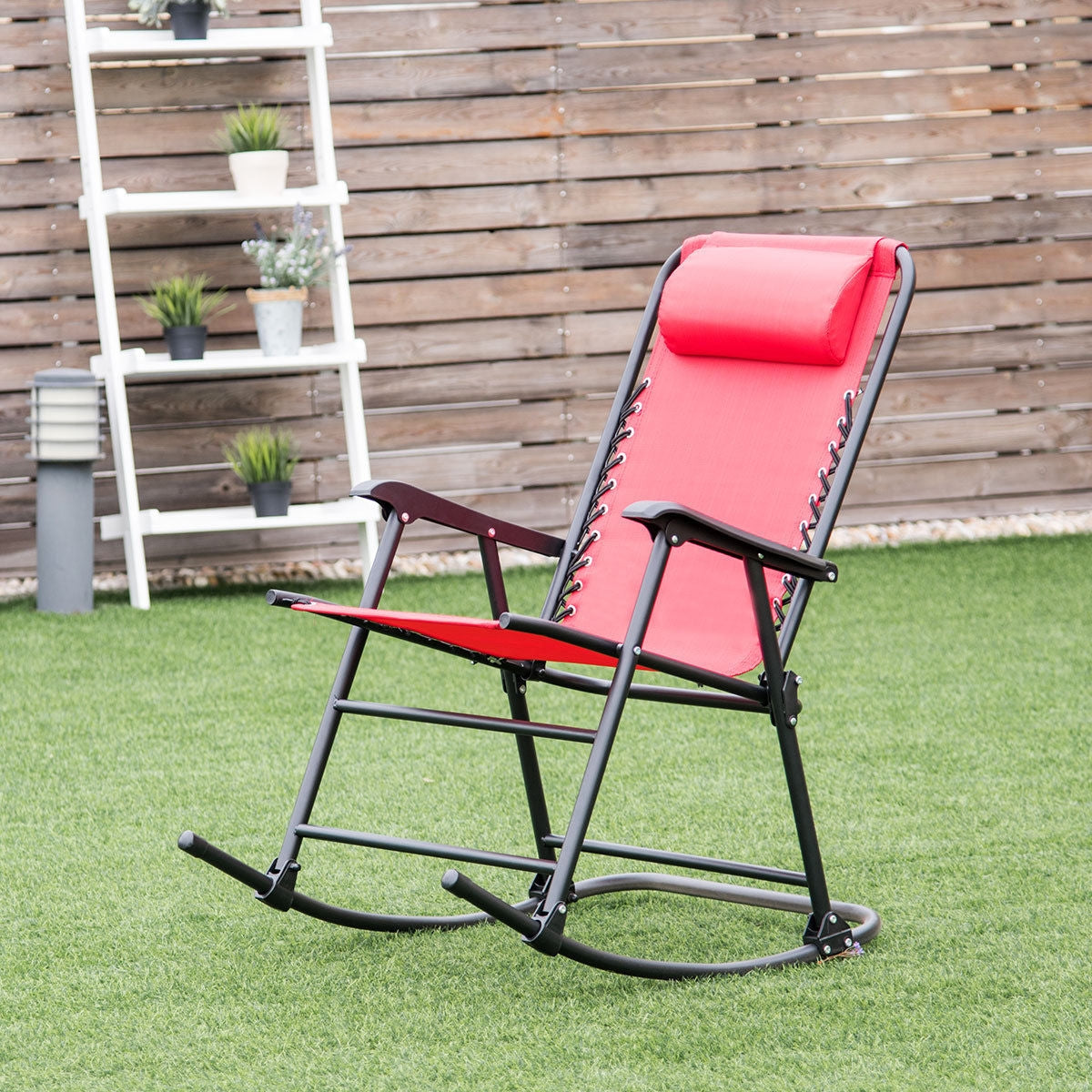 Outdoor Patio Headrest Folding Zero Gravity Rocking Chair-Red