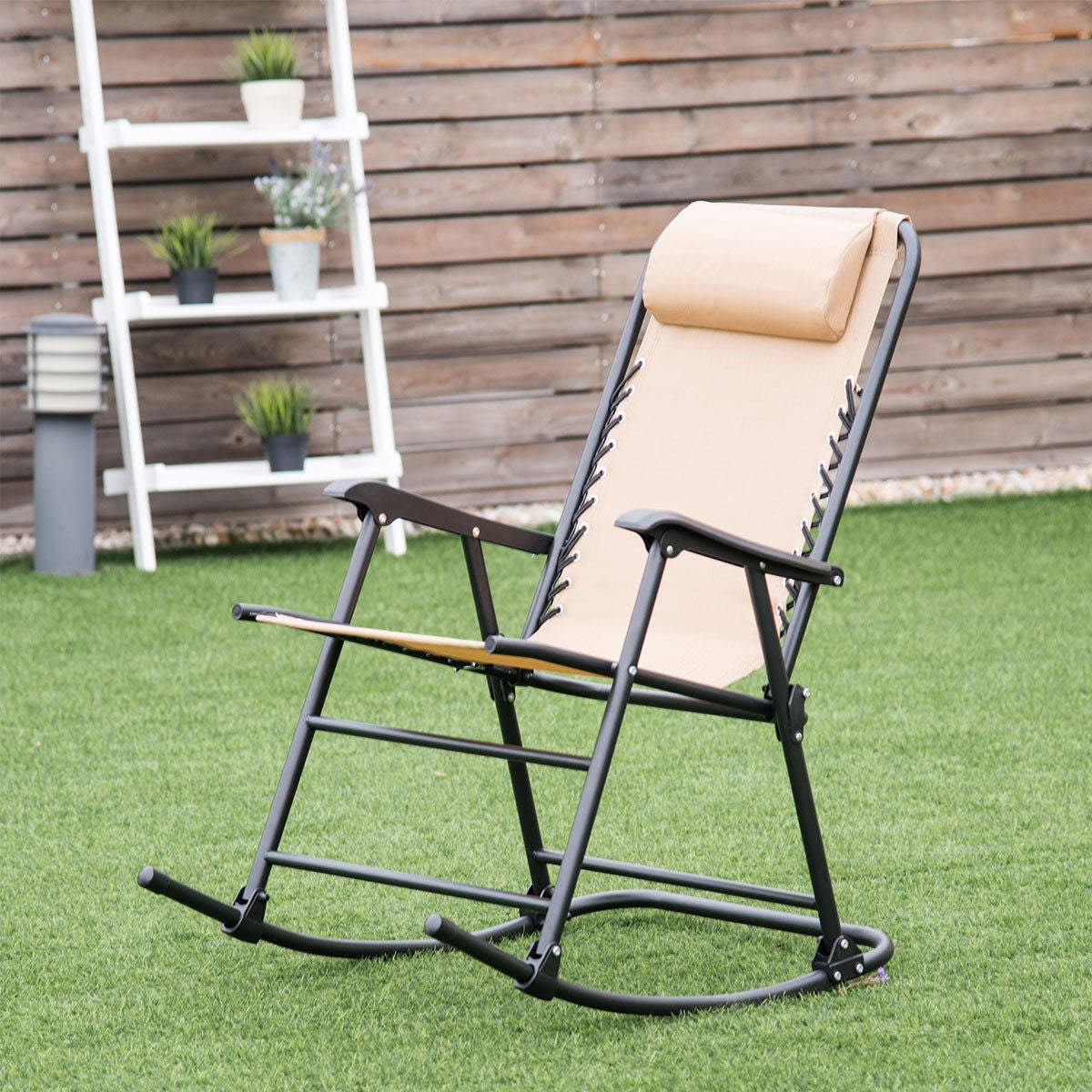 Outdoor Patio Headrest Folding Zero Gravity Rocking Chair-Beige