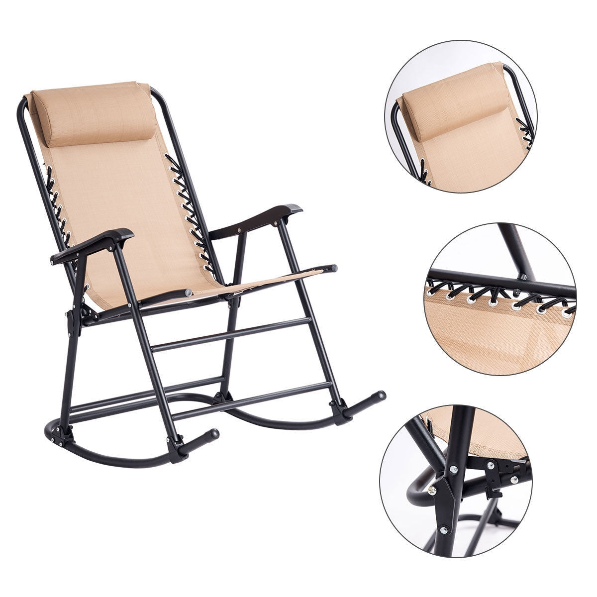 Outdoor Patio Headrest Folding Zero Gravity Rocking Chair-Beige