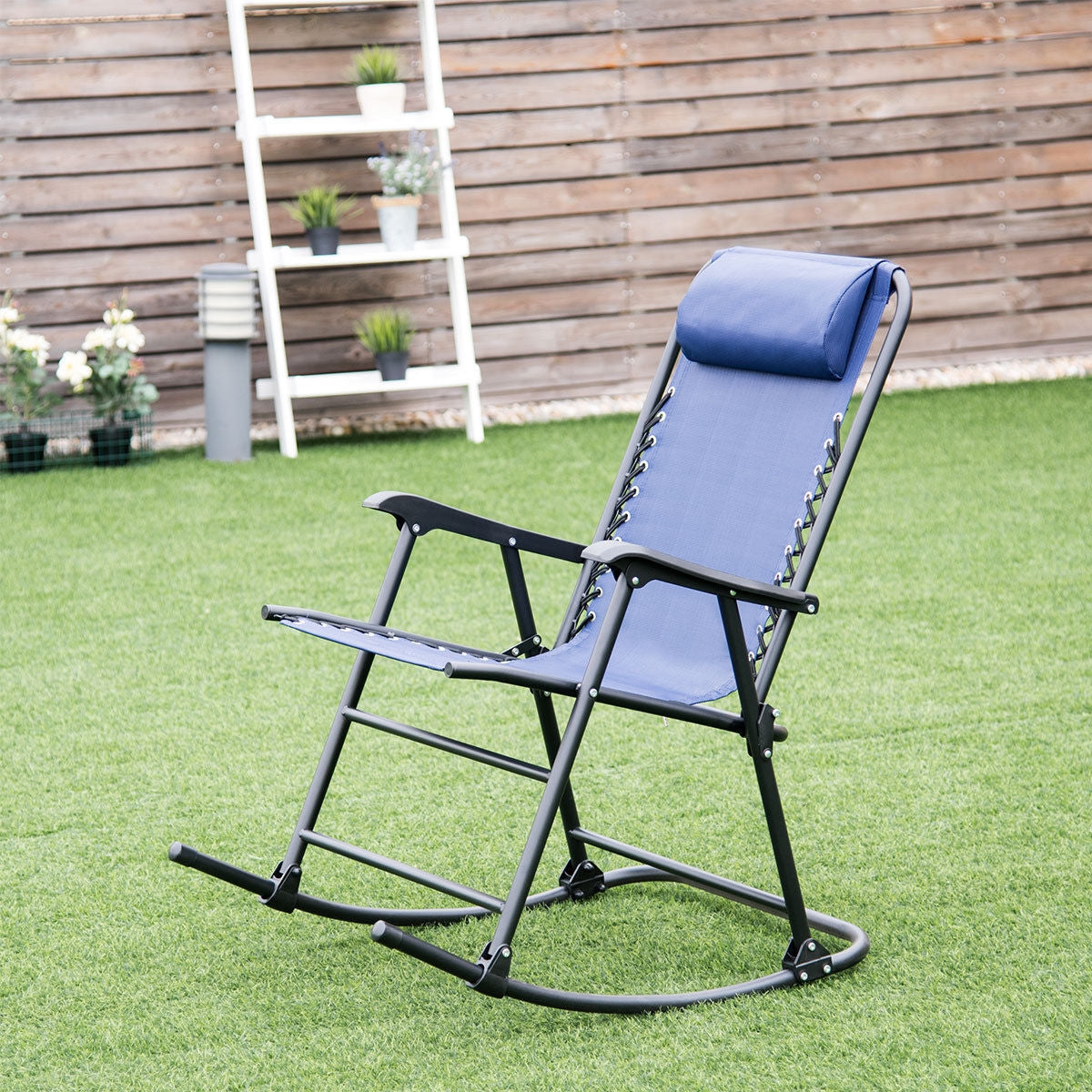 Outdoor Patio Headrest Folding Zero Gravity Rocking Chair-Blue