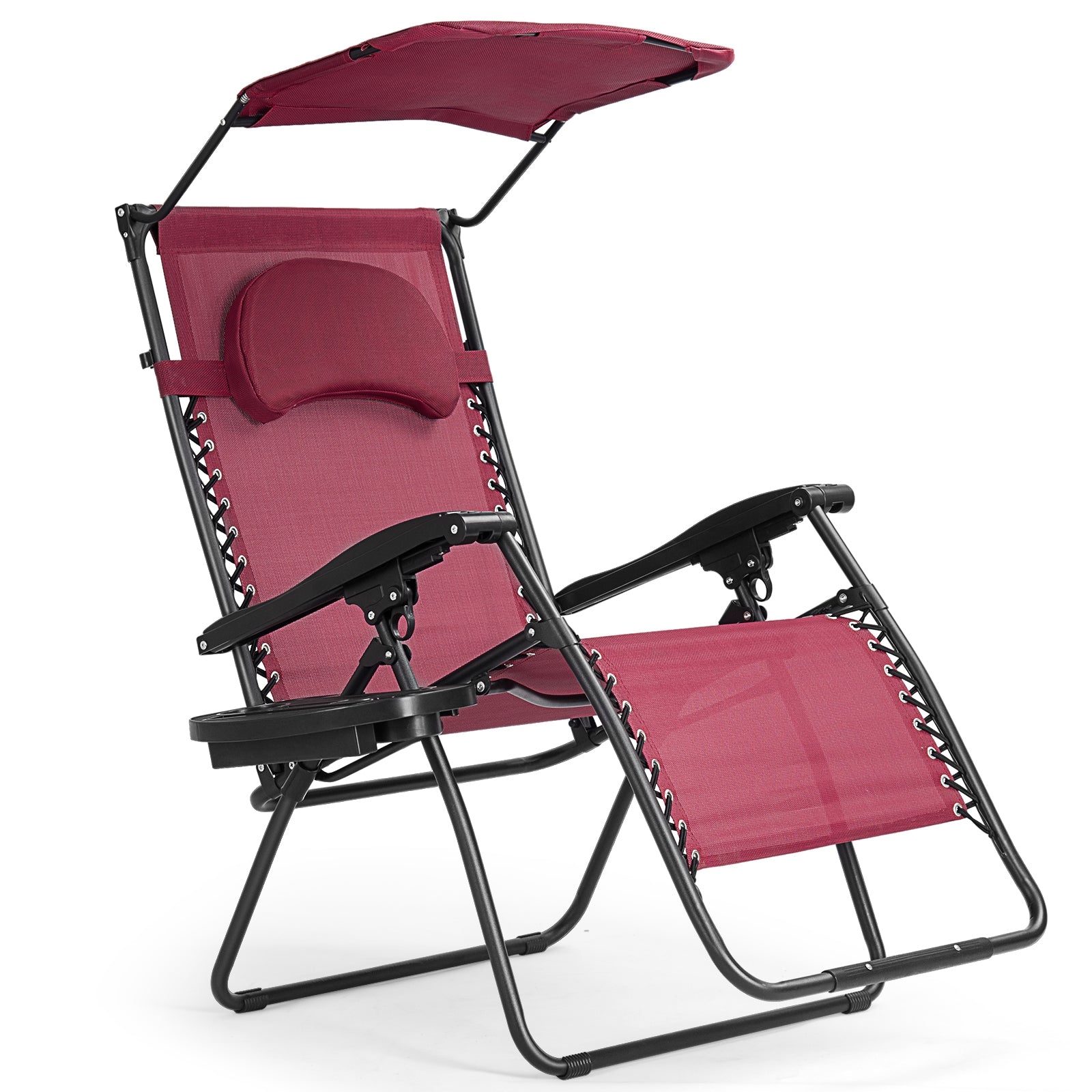 Folding Recliner Lounge Chair w/ Shade Canopy Cup Holder-Wine