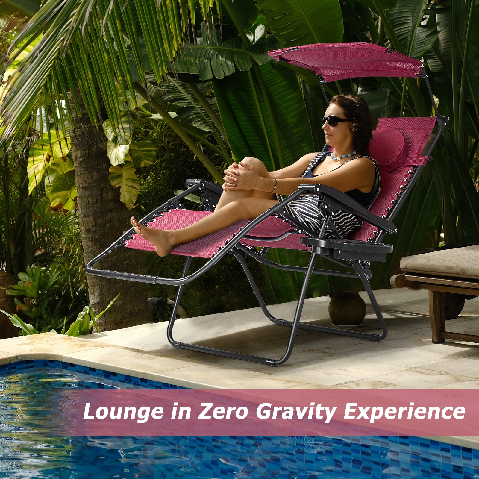 Folding Recliner Lounge Chair w/ Shade Canopy Cup Holder-Wine