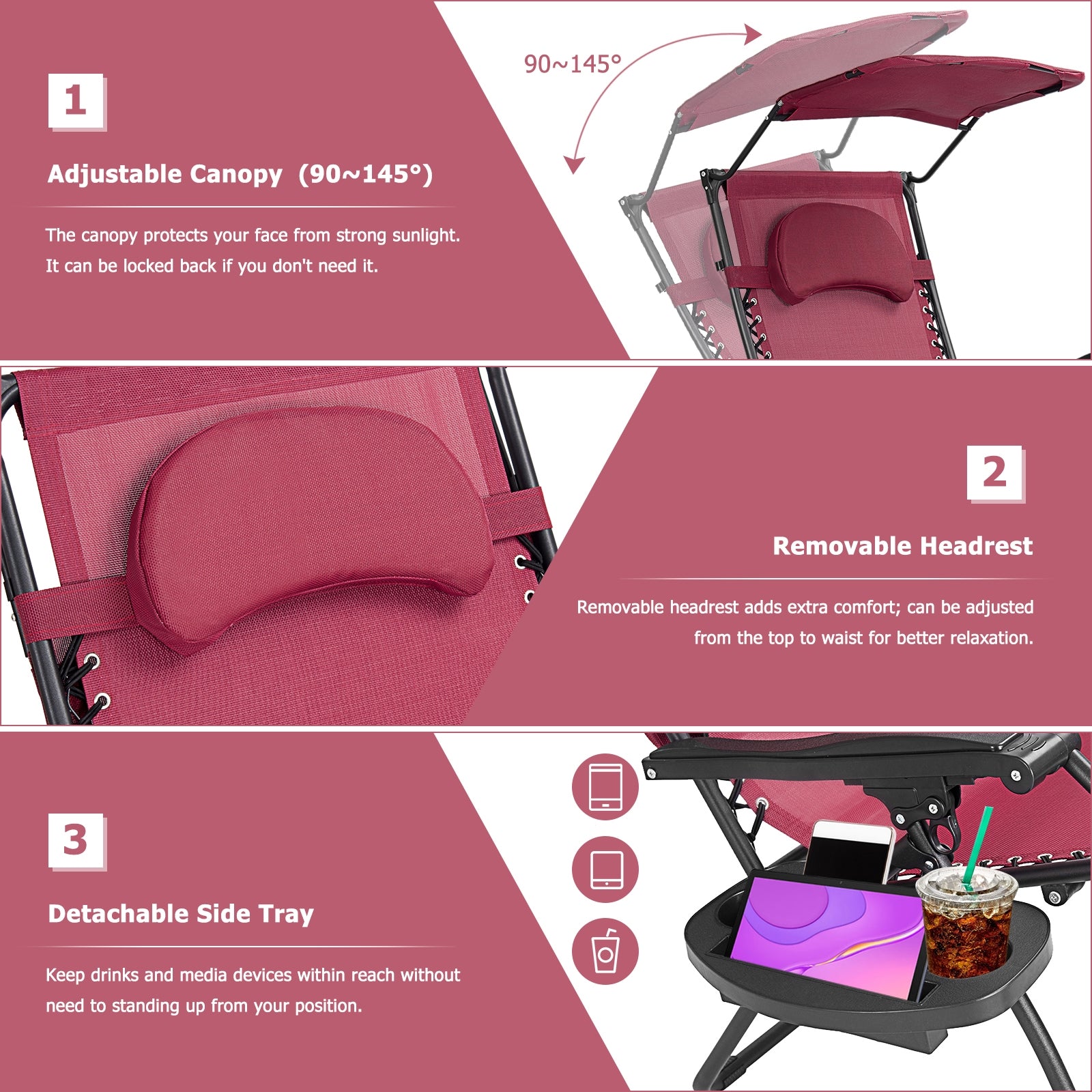 Folding Recliner Lounge Chair w/ Shade Canopy Cup Holder-Wine