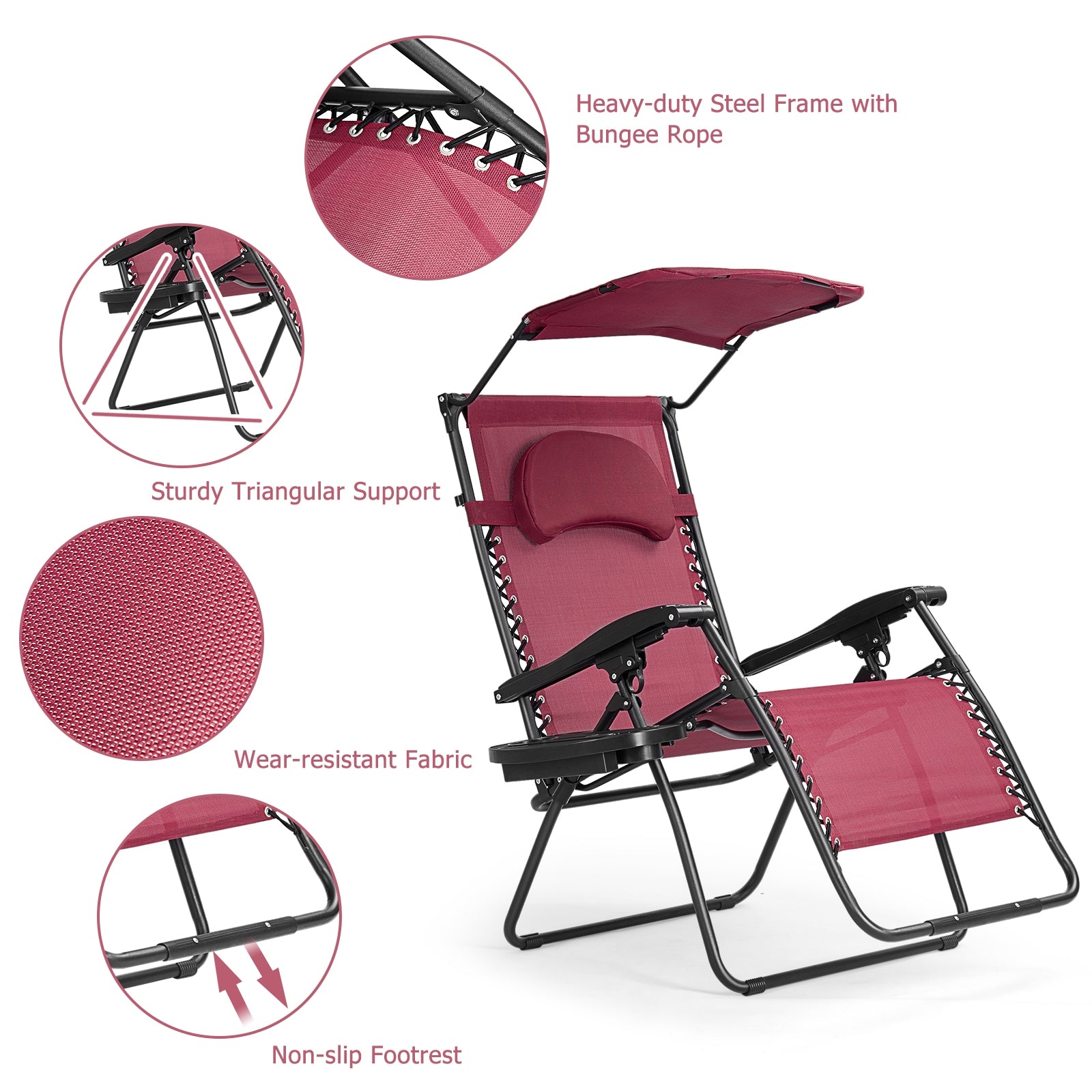 Folding Recliner Lounge Chair w/ Shade Canopy Cup Holder-Wine