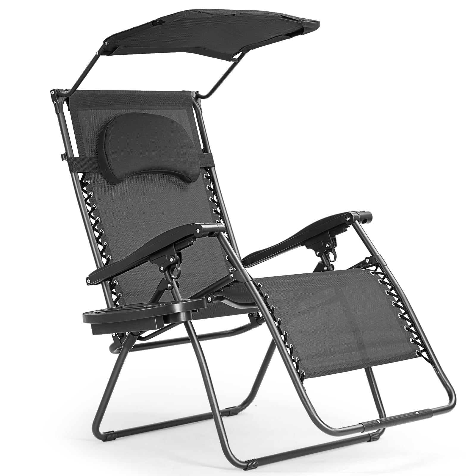 Folding Recliner Lounge Chair w/ Shade Canopy Cup Holder-BlackÂ 