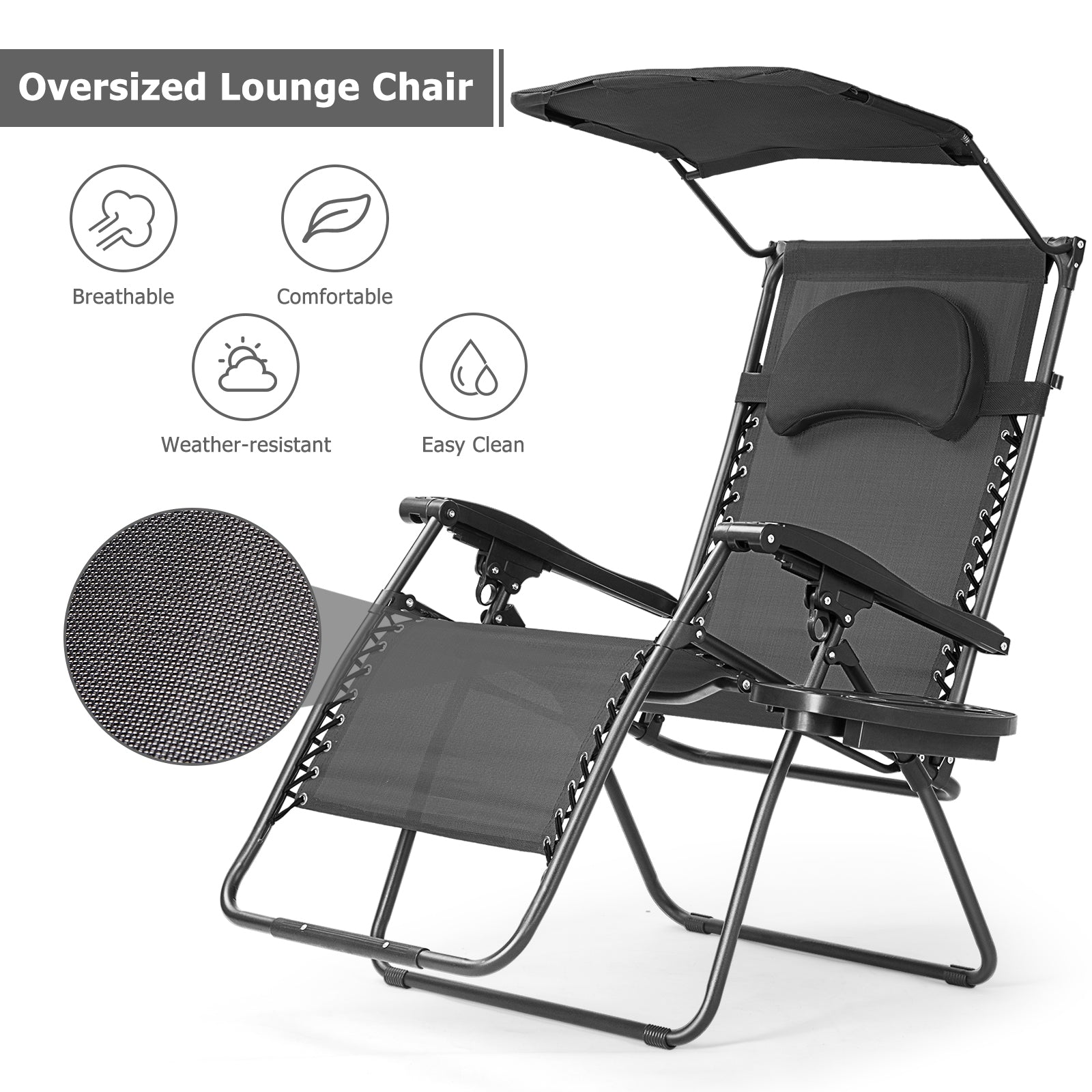 Folding Recliner Lounge Chair w/ Shade Canopy Cup Holder-BlackÂ 